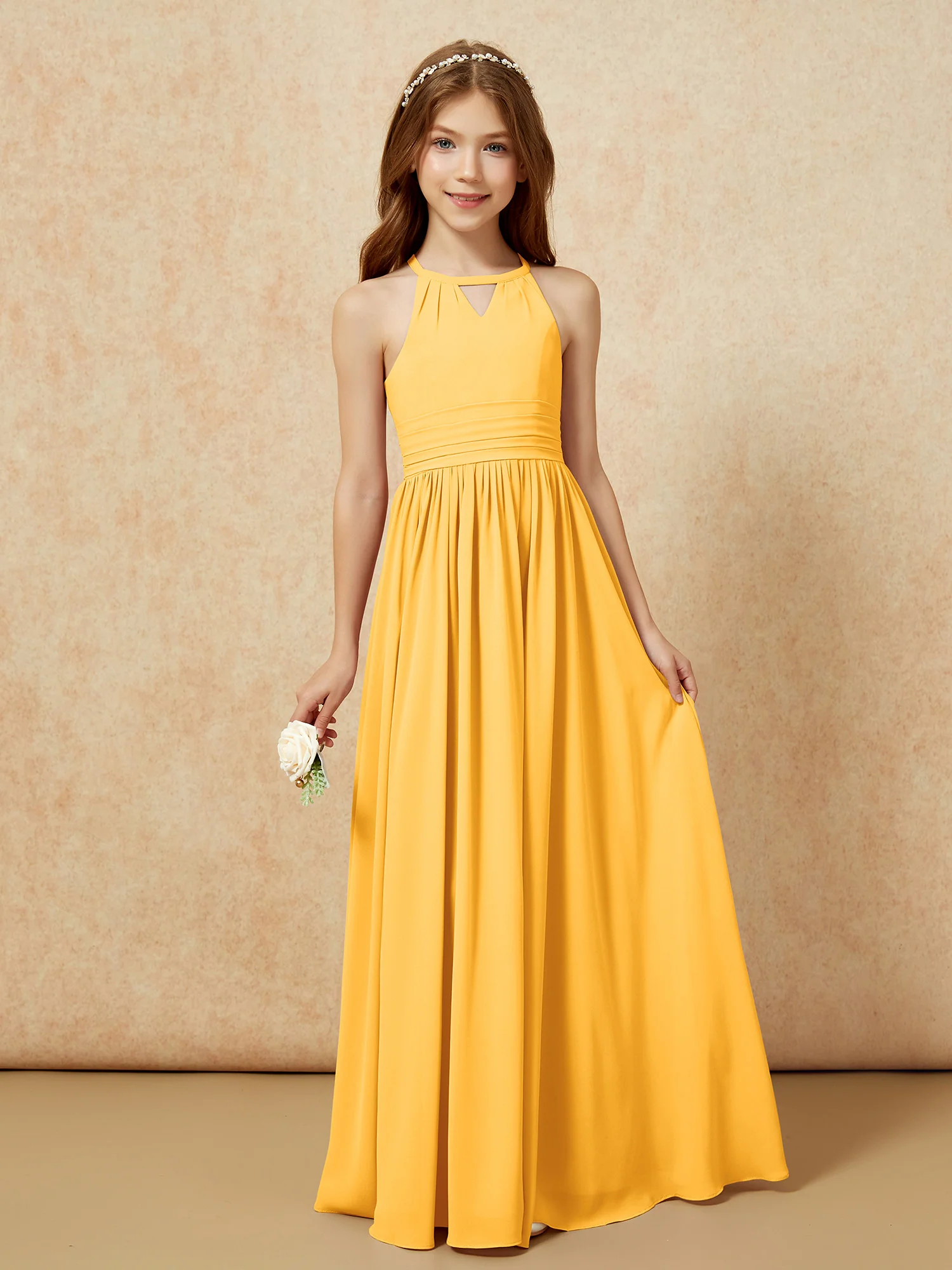 Halter Sleeveless Long Chiffon Junior Bridesmaid Dress Tangerine