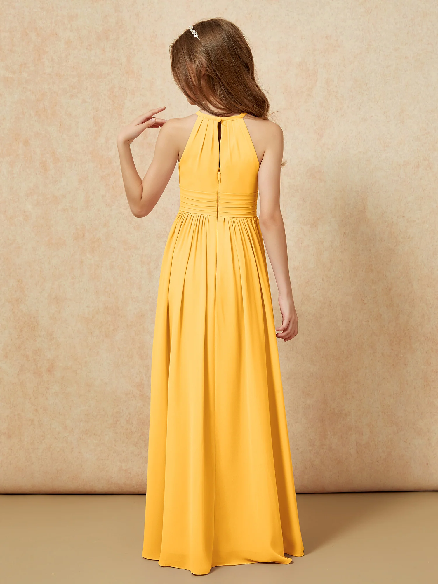 Halter Sleeveless Long Chiffon Junior Bridesmaid Dress Tangerine - Image 2