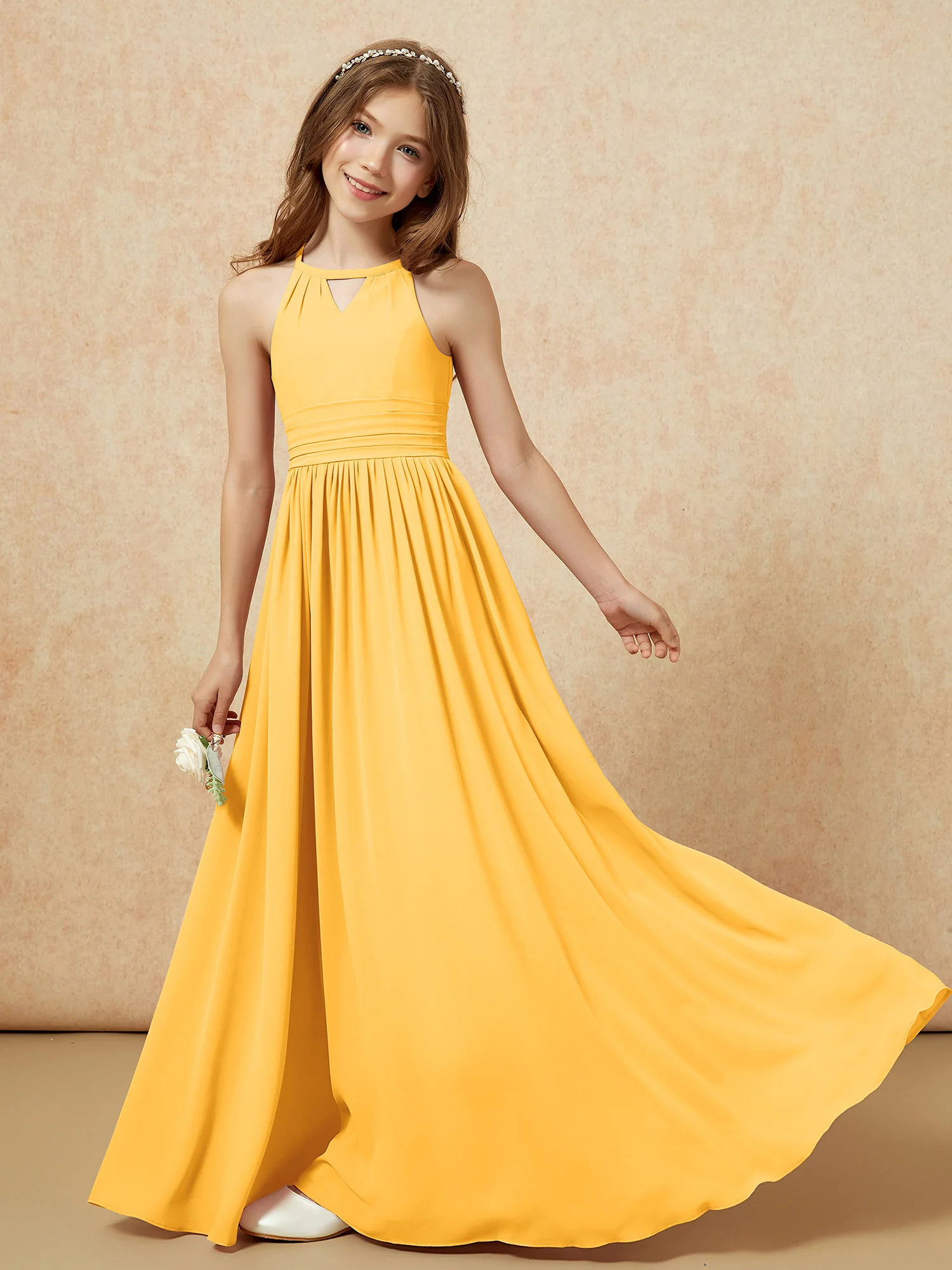 Halter Sleeveless Long Chiffon Junior Bridesmaid Dress Tangerine - Image 6