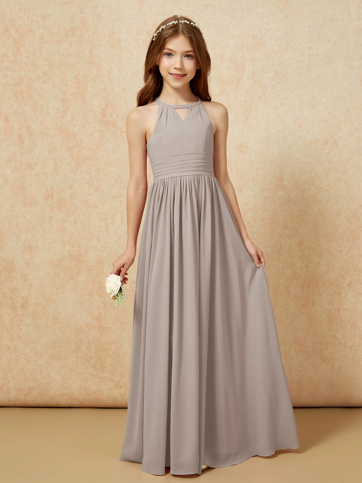 Halter Sleeveless Long Chiffon Junior Bridesmaid Dress Taupe