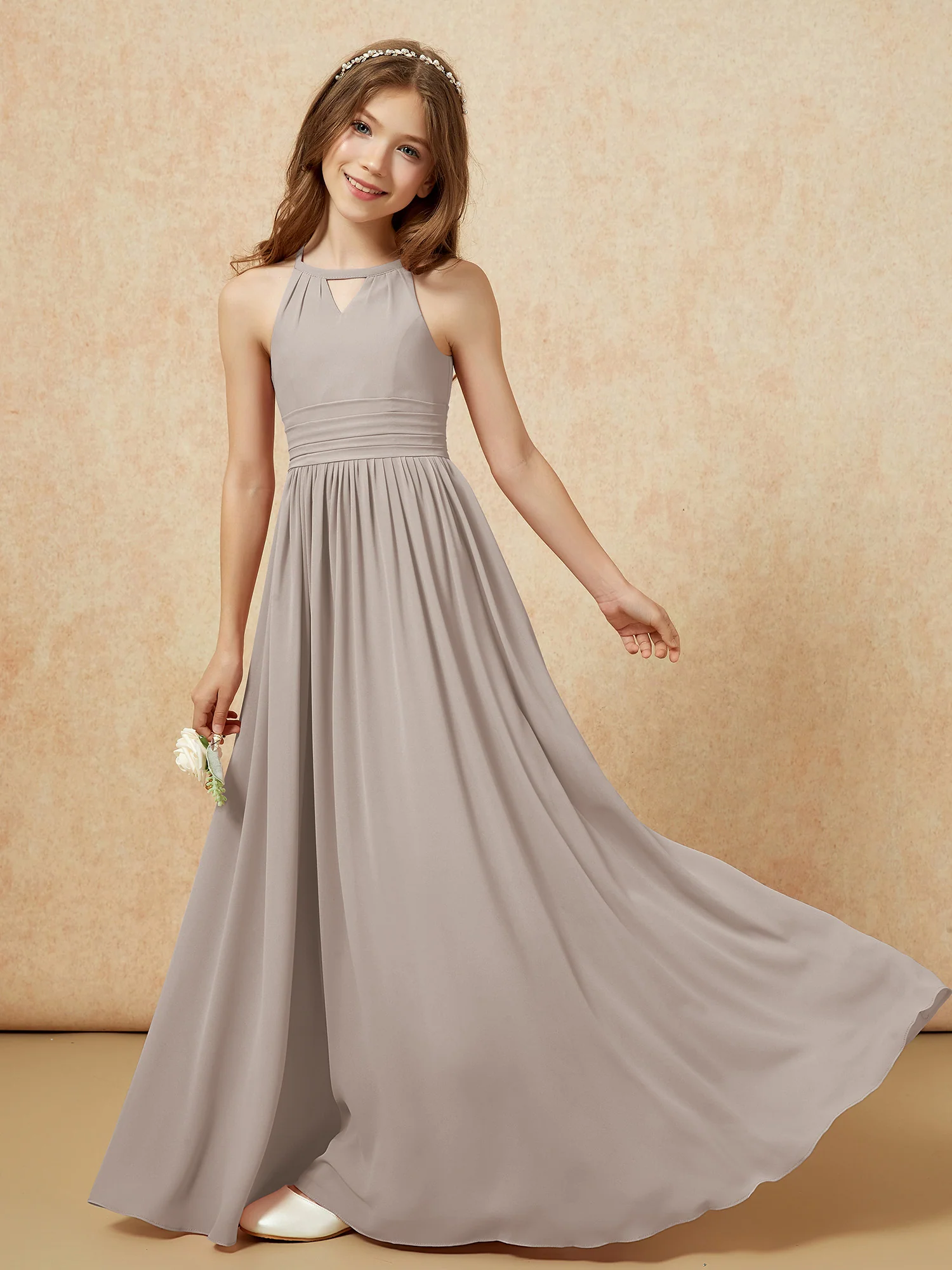Halter Sleeveless Long Chiffon Junior Bridesmaid Dress Taupe - Image 6