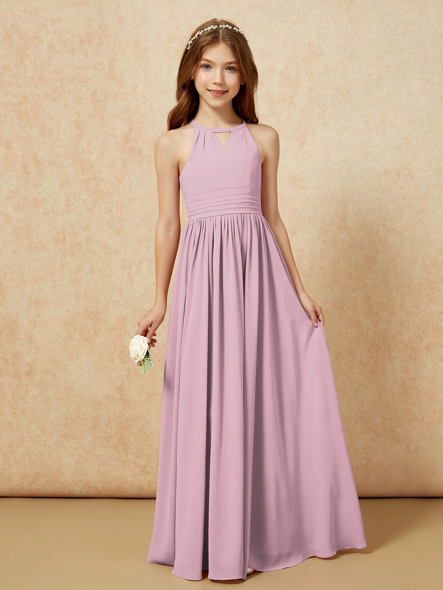 Halter Sleeveless Long Chiffon Junior Bridesmaid Dress Vintage Mauve