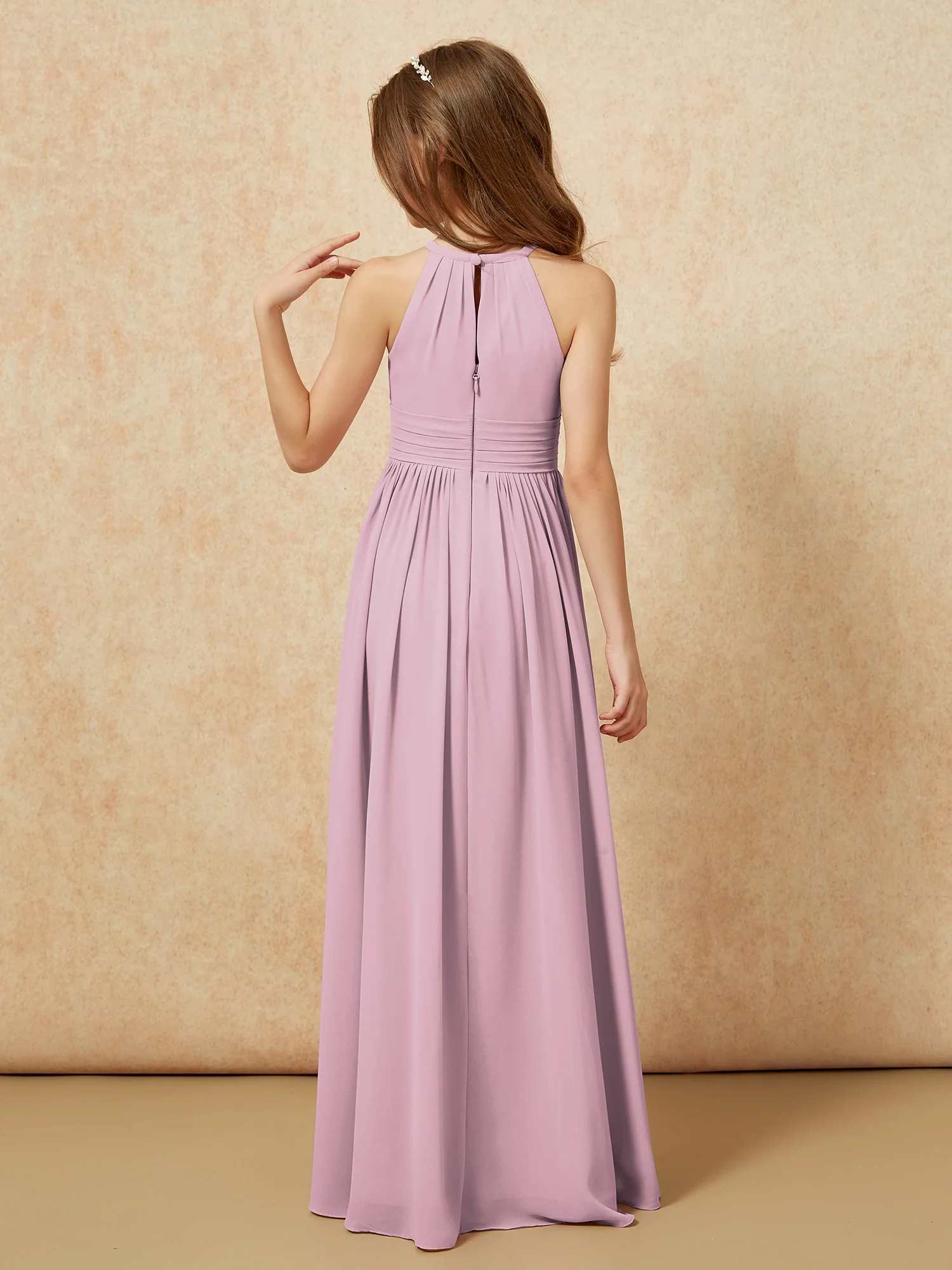Halter Sleeveless Long Chiffon Junior Bridesmaid Dress Vintage Mauve - Image 2