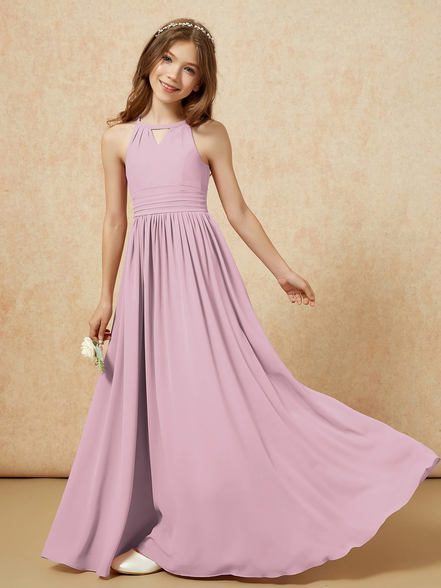 Halter Sleeveless Long Chiffon Junior Bridesmaid Dress Vintage Mauve - Image 6