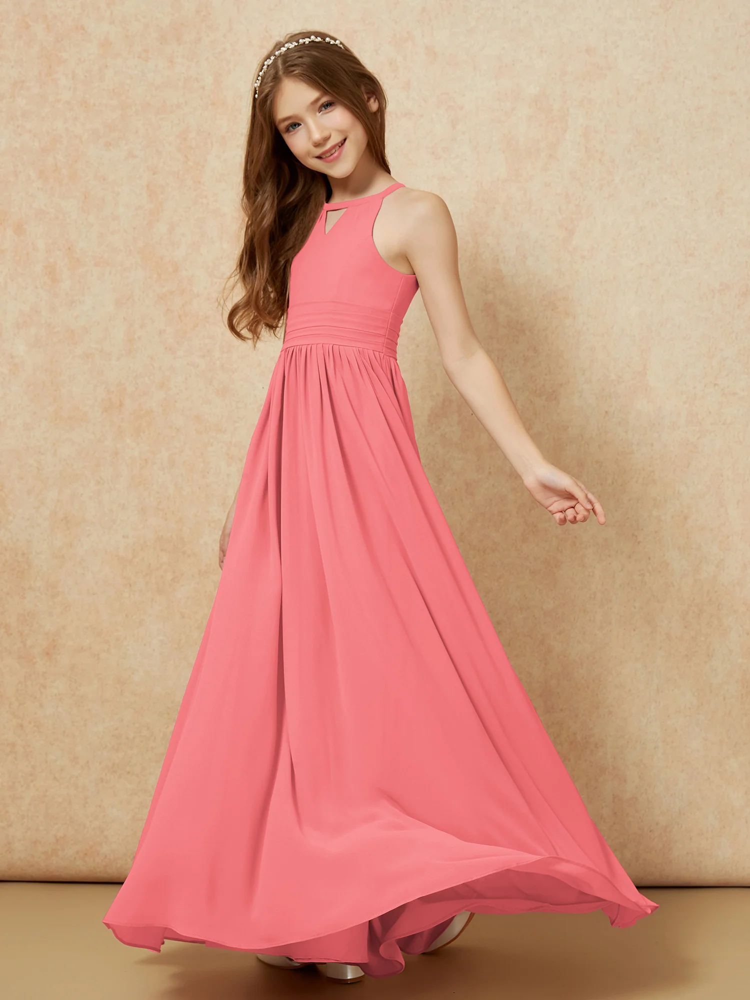 Halter Sleeveless Long Chiffon Junior Bridesmaid Dress Watermelon - Image 3