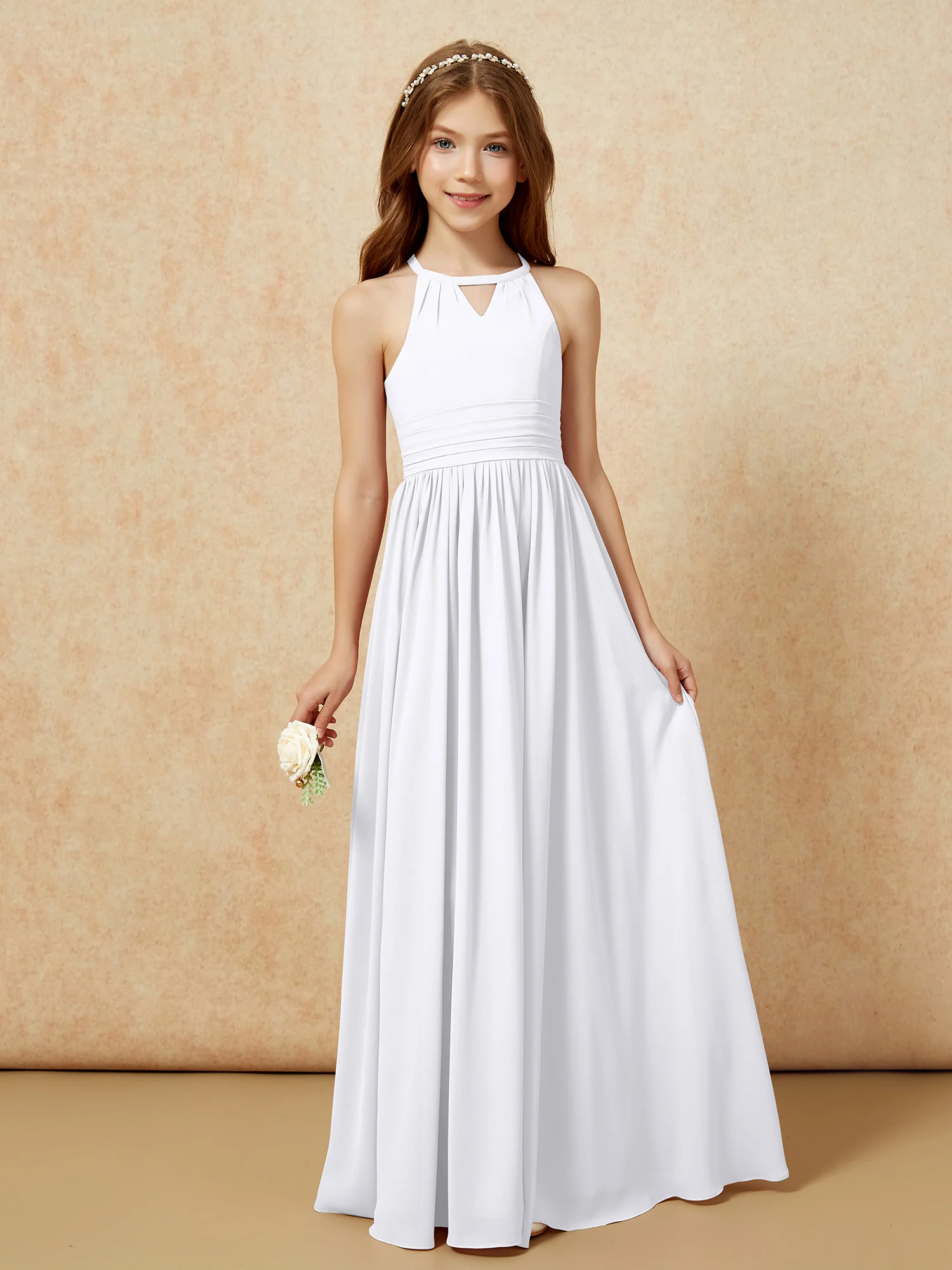 Halter Sleeveless Long Chiffon Junior Bridesmaid Dress White