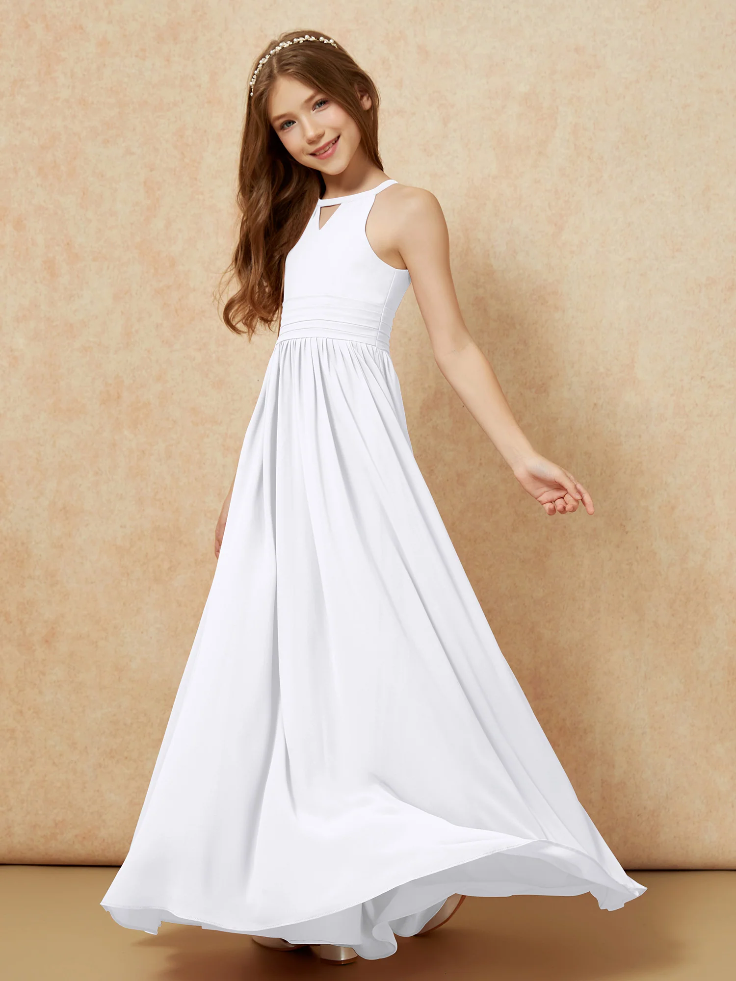Halter Sleeveless Long Chiffon Junior Bridesmaid Dress White - Image 3