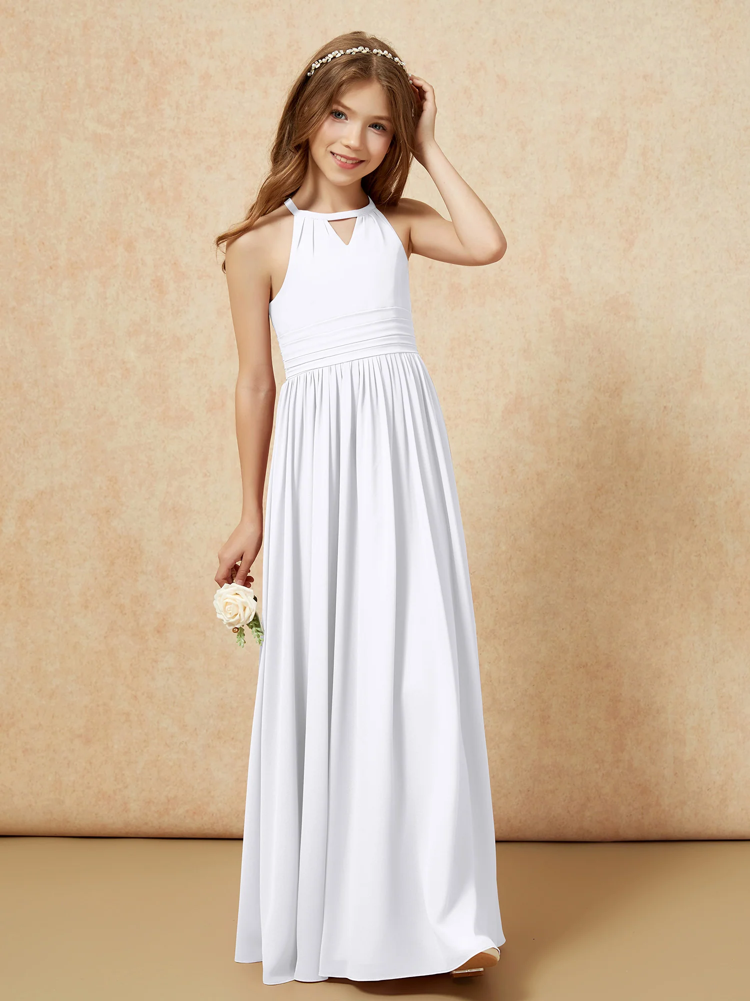 Halter Sleeveless Long Chiffon Junior Bridesmaid Dress White - Image 4
