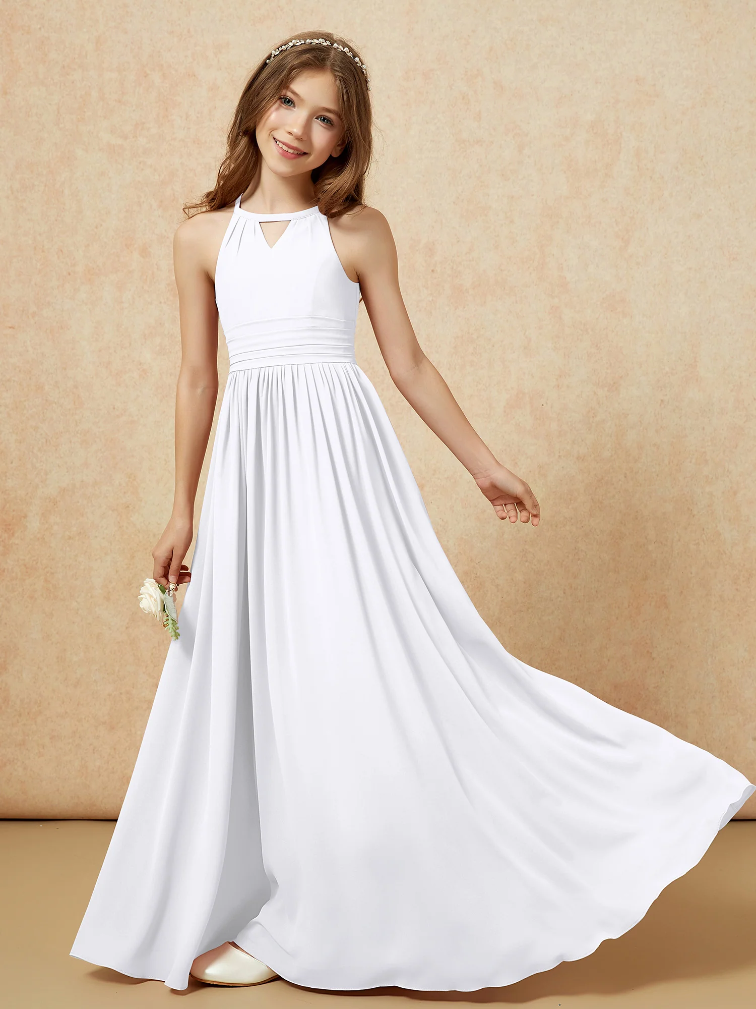 Halter Sleeveless Long Chiffon Junior Bridesmaid Dress White - Image 6