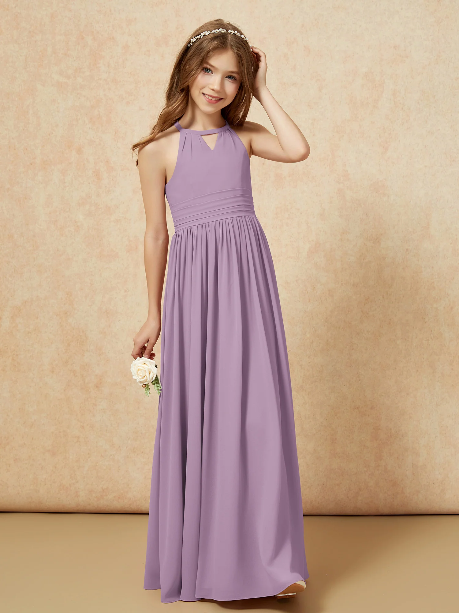 Halter Sleeveless Long Chiffon Junior Bridesmaid Dress Wisteria - Image 4