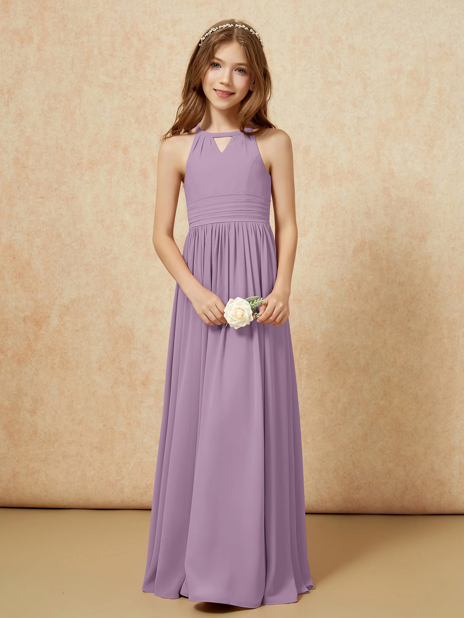 Halter Sleeveless Long Chiffon Junior Bridesmaid Dress Wisteria - Image 5