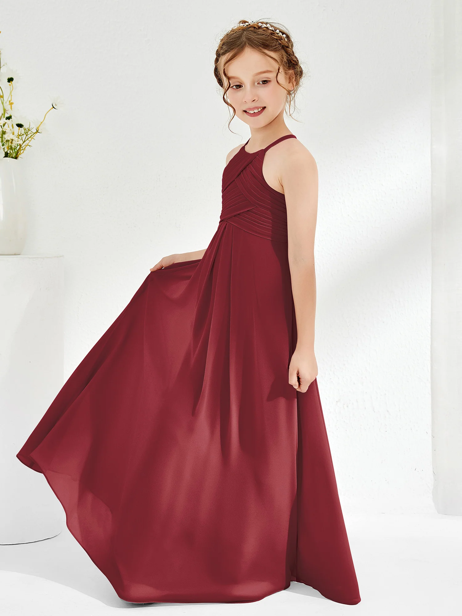 Halter Sleeveless Pleated Junior Bridesmaid Dress Cinnamon Rose - Image 3
