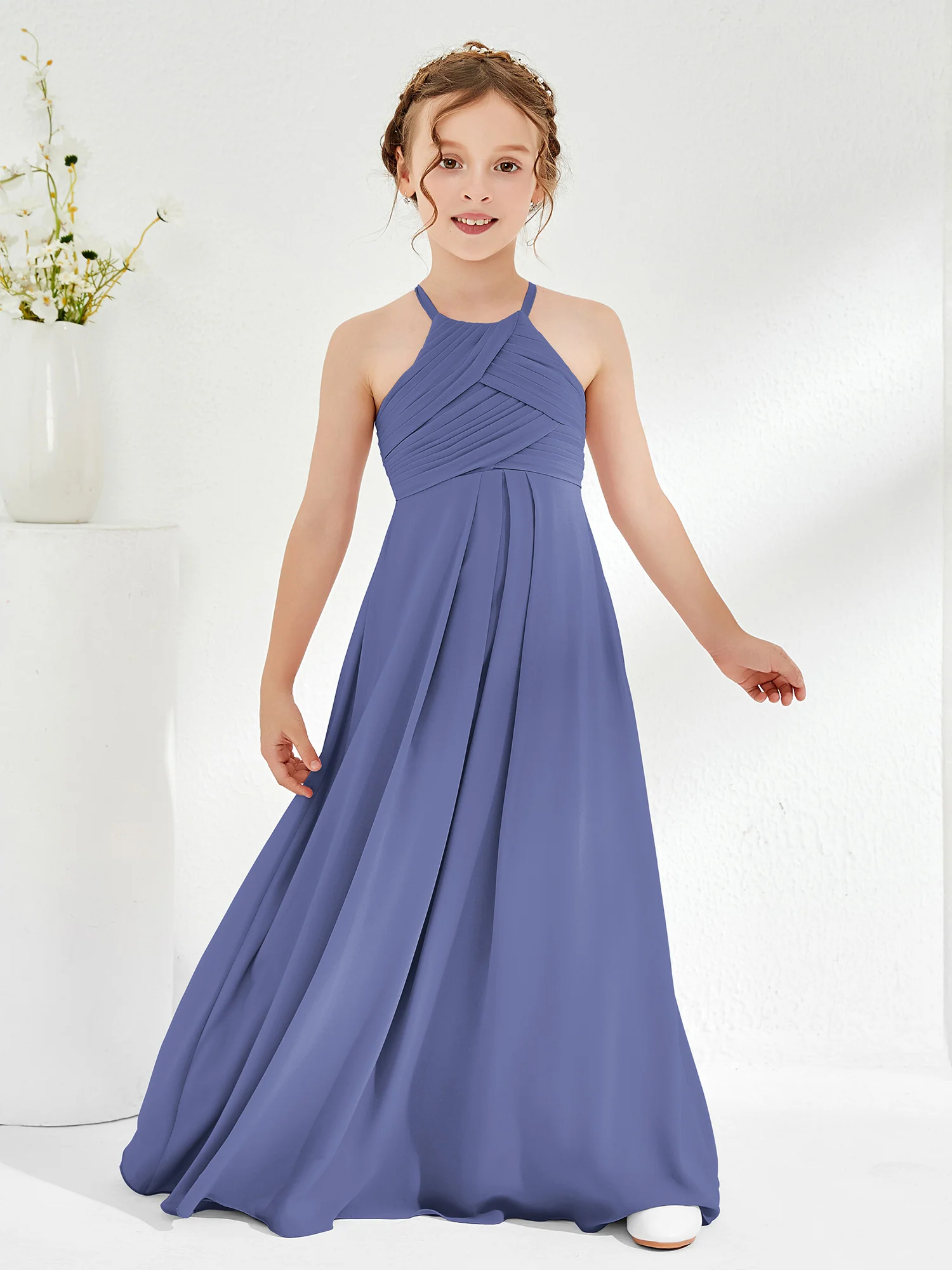 Halter Sleeveless Pleated Junior Bridesmaid Dress Periwinkle