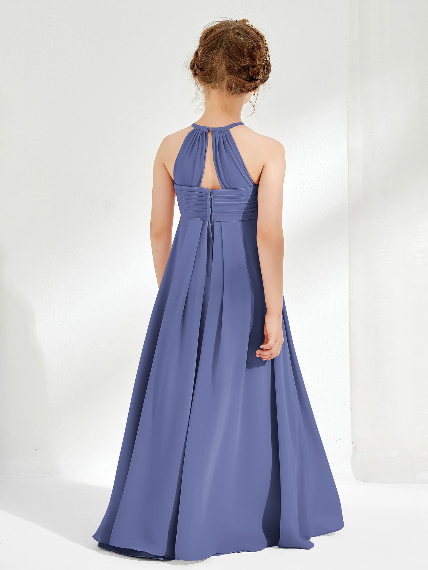 Halter Sleeveless Pleated Junior Bridesmaid Dress Periwinkle - Image 2