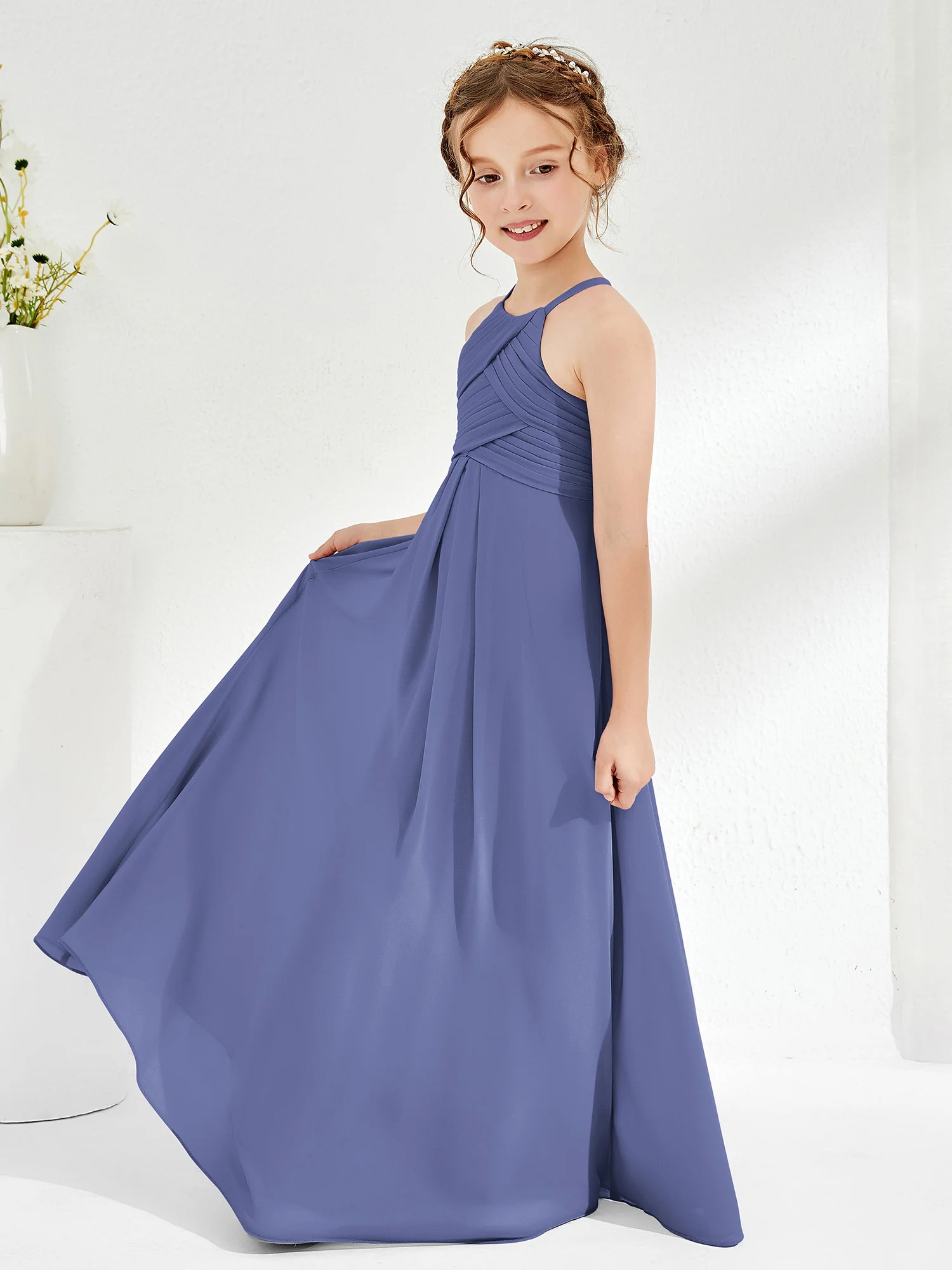 Halter Sleeveless Pleated Junior Bridesmaid Dress Periwinkle - Image 3