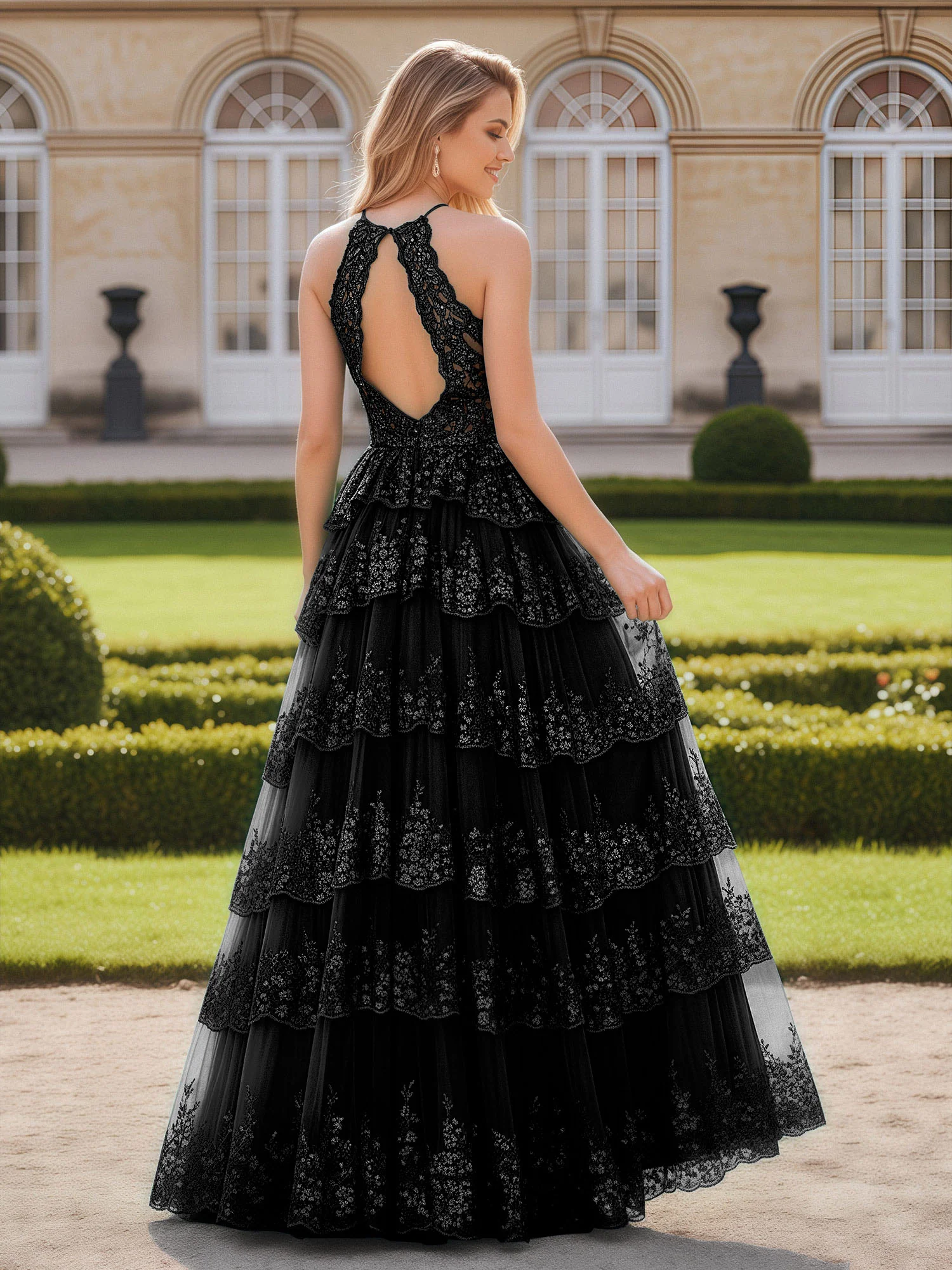 Halter Neck Tiered Skirt Gown with Lace Detailing Black - Image 2
