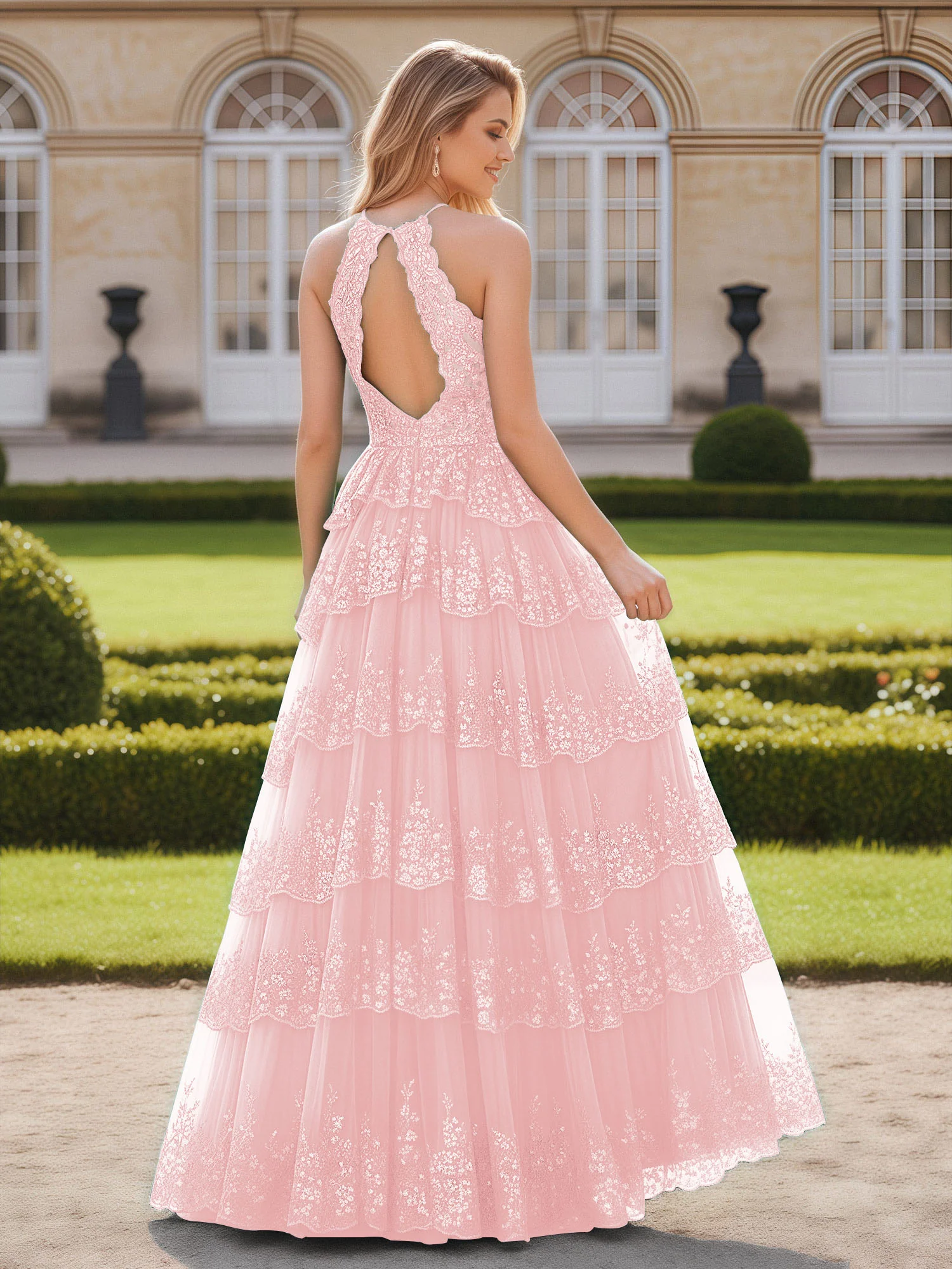 Halter Neck Tiered Skirt Gown with Lace Detailing Blushing Pink - Image 2