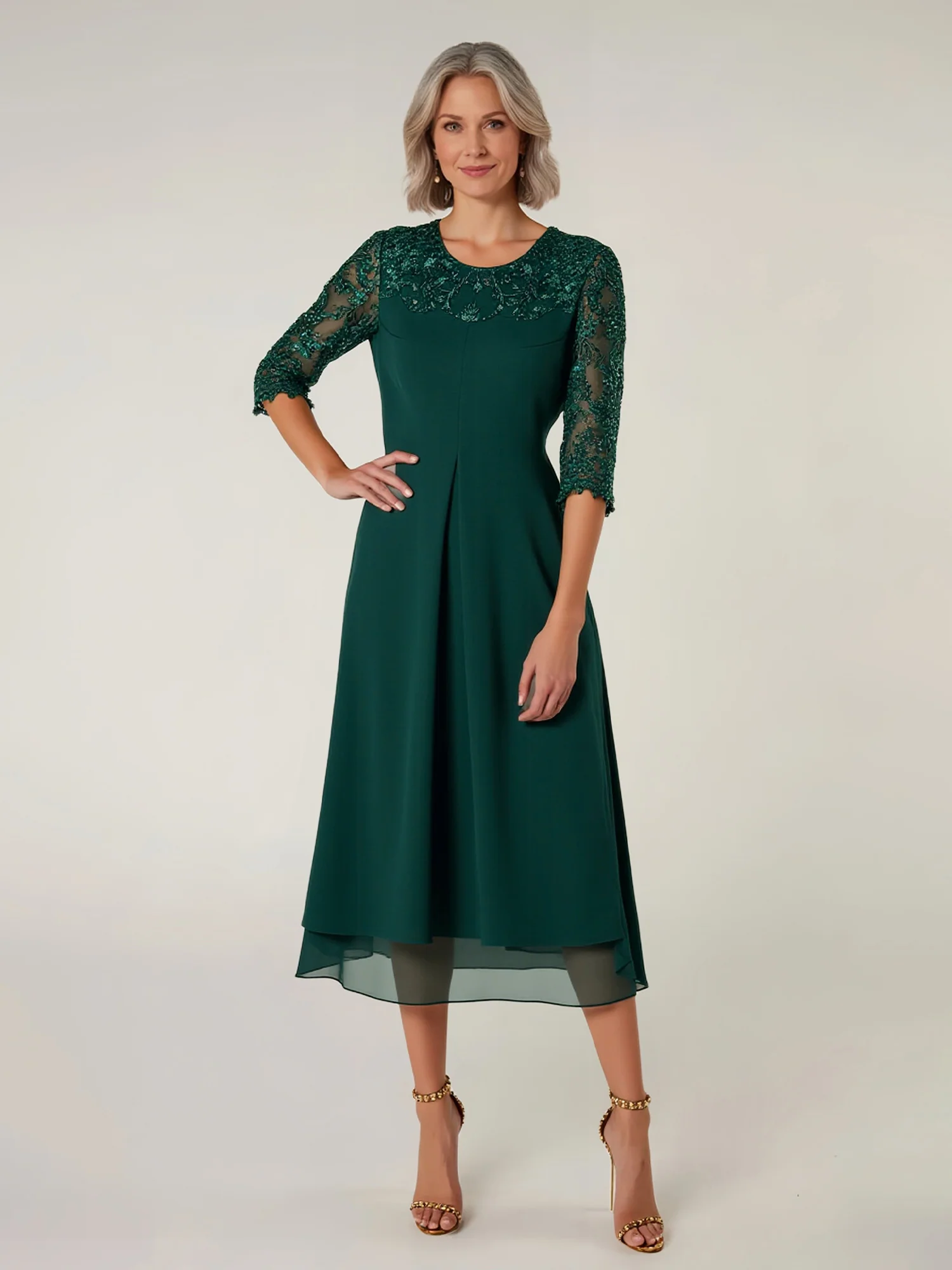 Lace Scoop Neck 3/4 Sleeves Chiffon Tea-Length Dress Dark Green