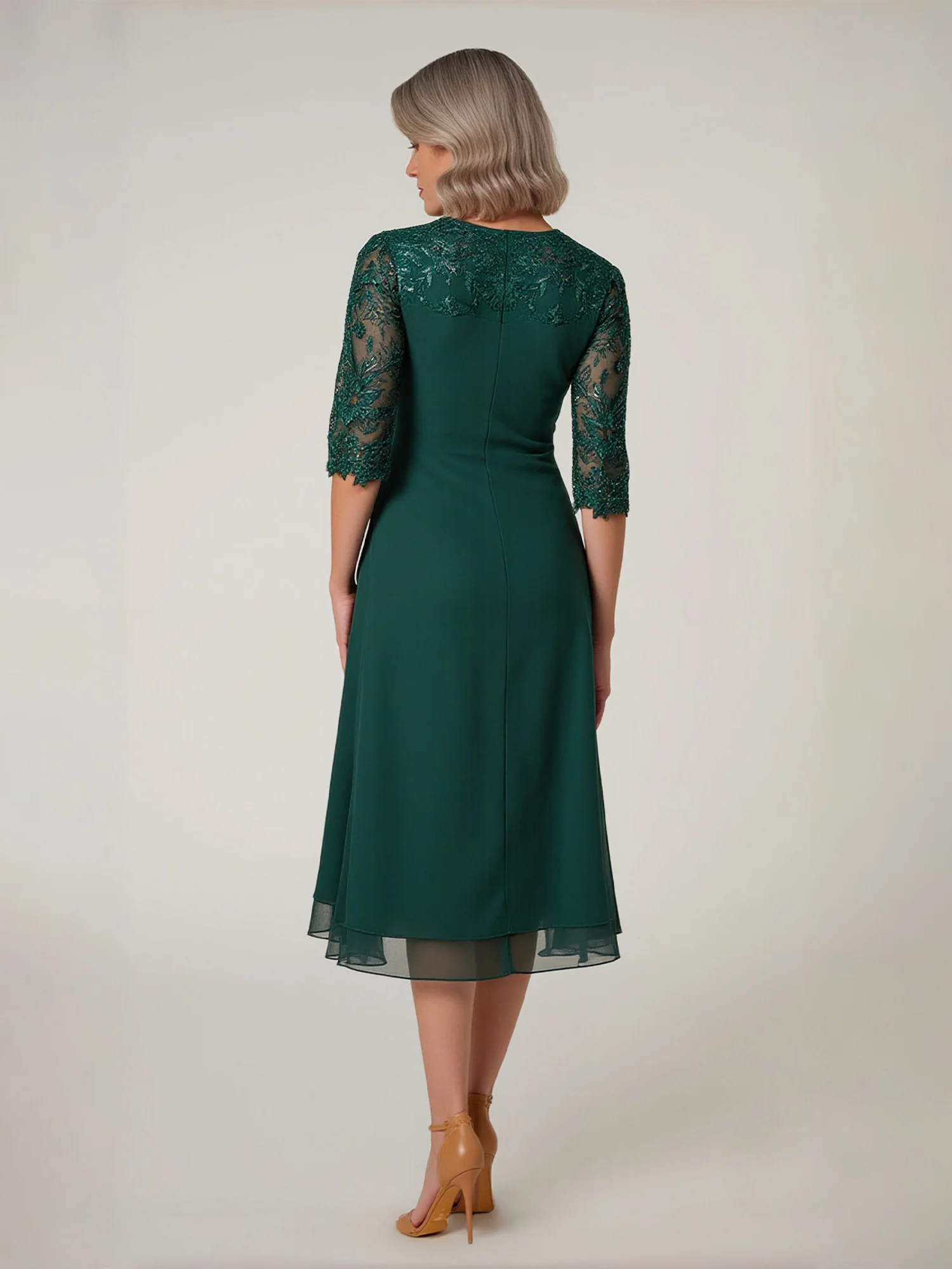 Lace Scoop Neck 3/4 Sleeves Chiffon Tea-Length Dress Dark Green - Image 2