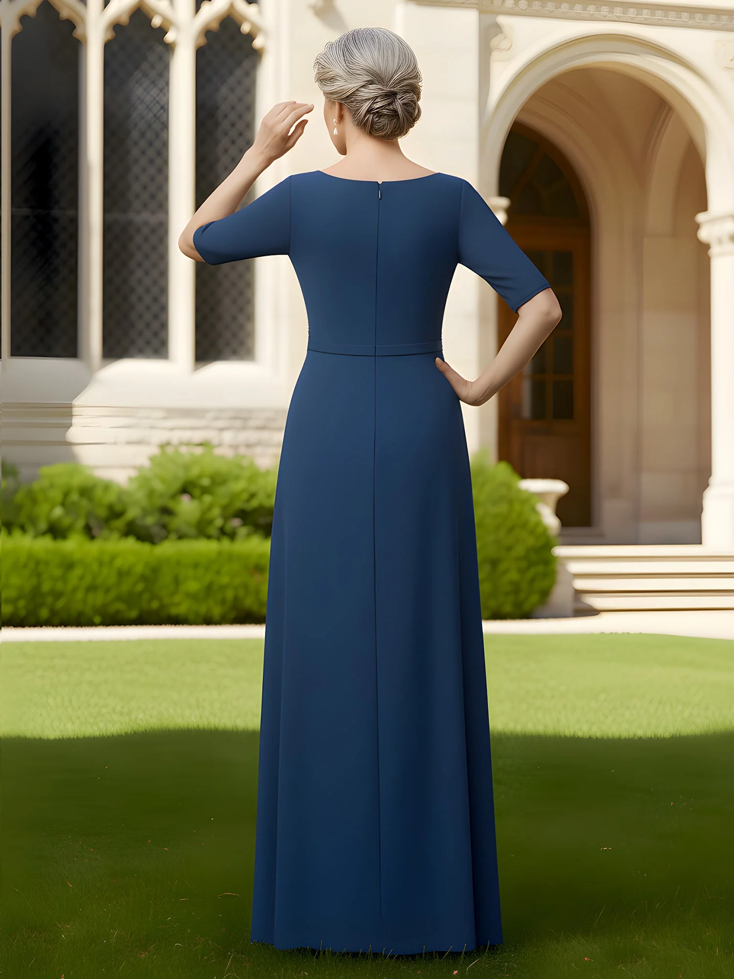 Elbow Sleeve Maxi Dress with Front Draped Skirt Detail Steel Grey - Image 2