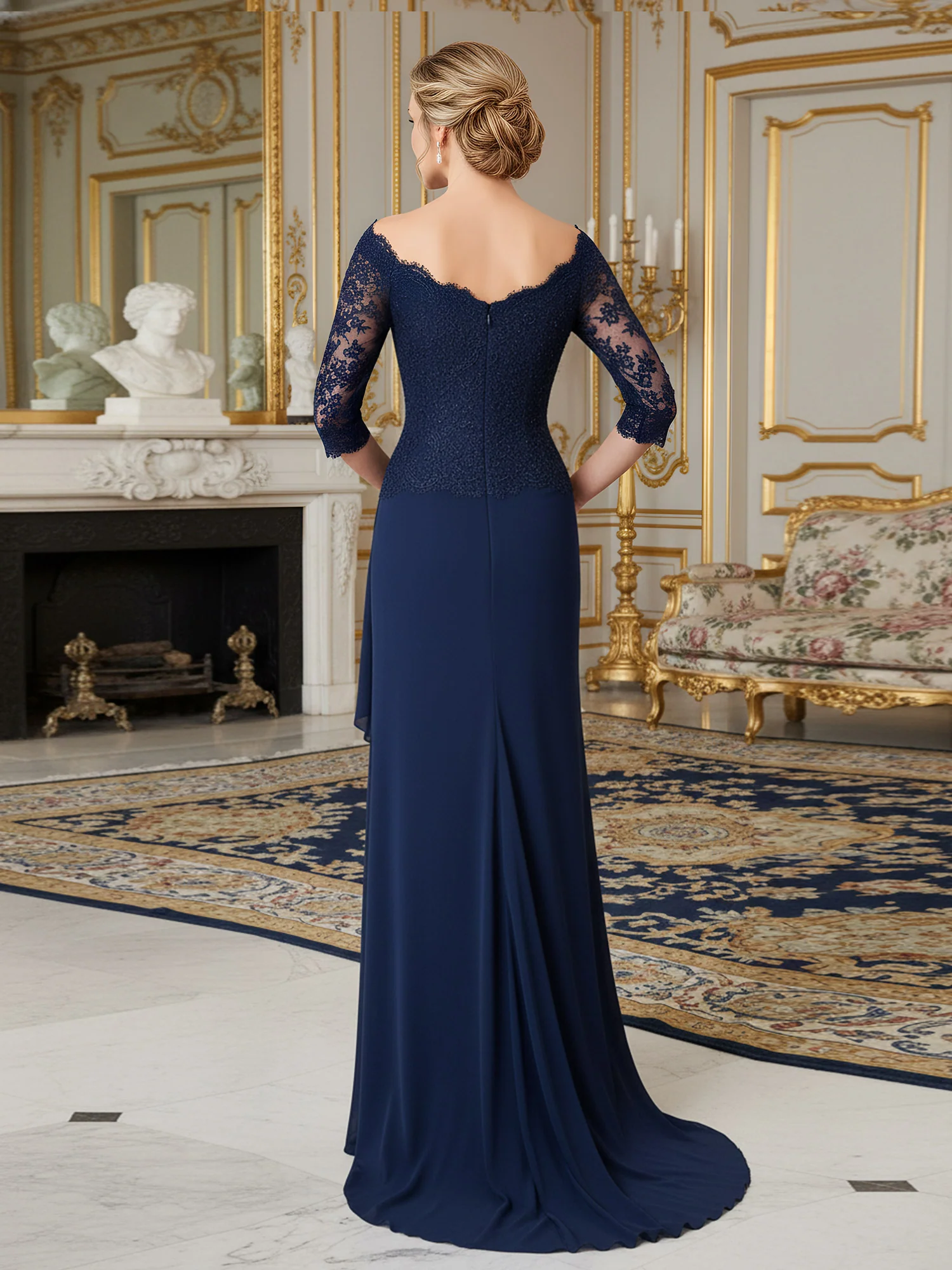 Off-Shoulder Lace Bodice Gown with Draped Crepe Skirt Navy Blue - Image 2