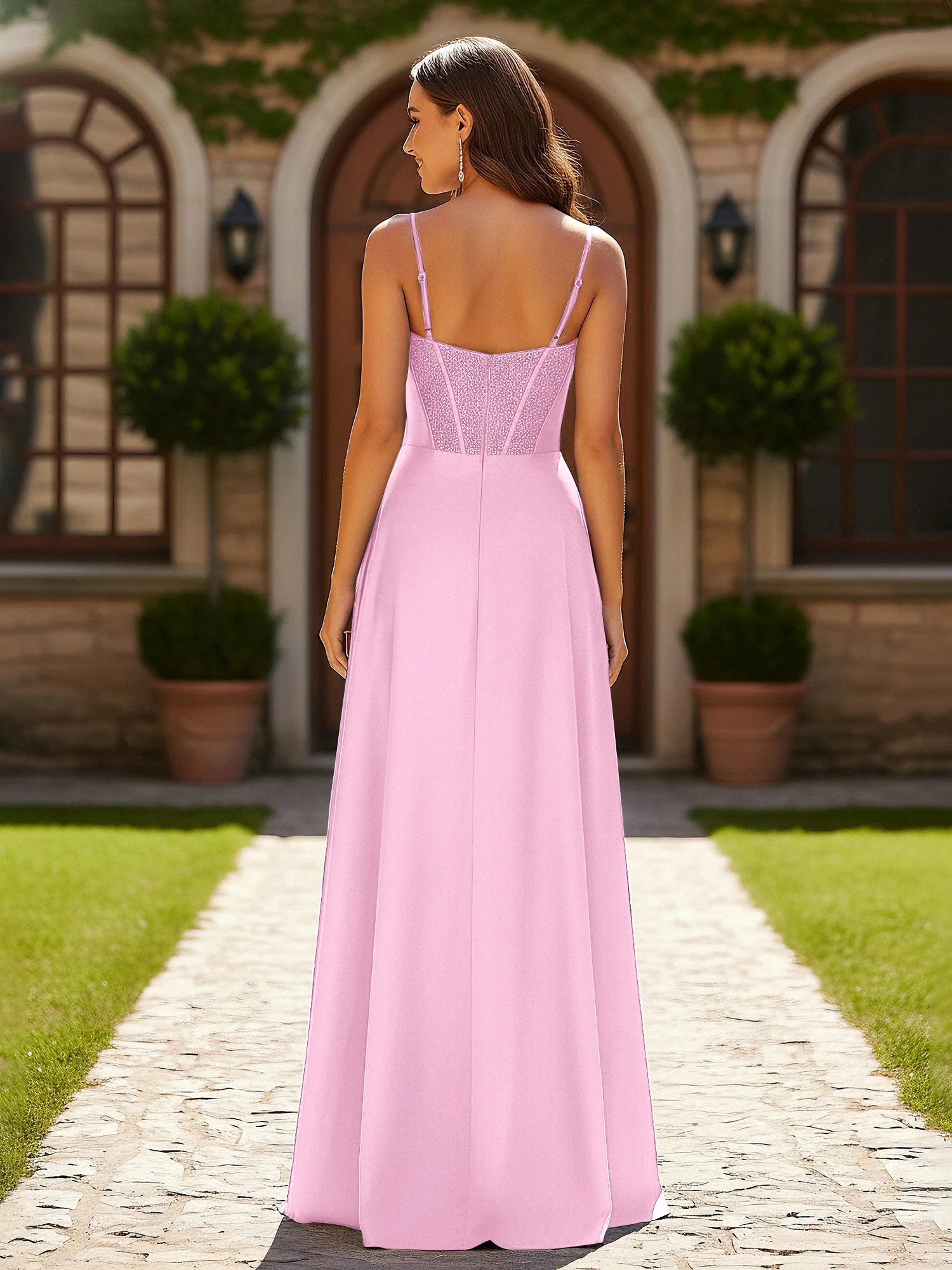 Beaded Corset Bodice Gown with High Leg Slit Candy Pink - Image 2