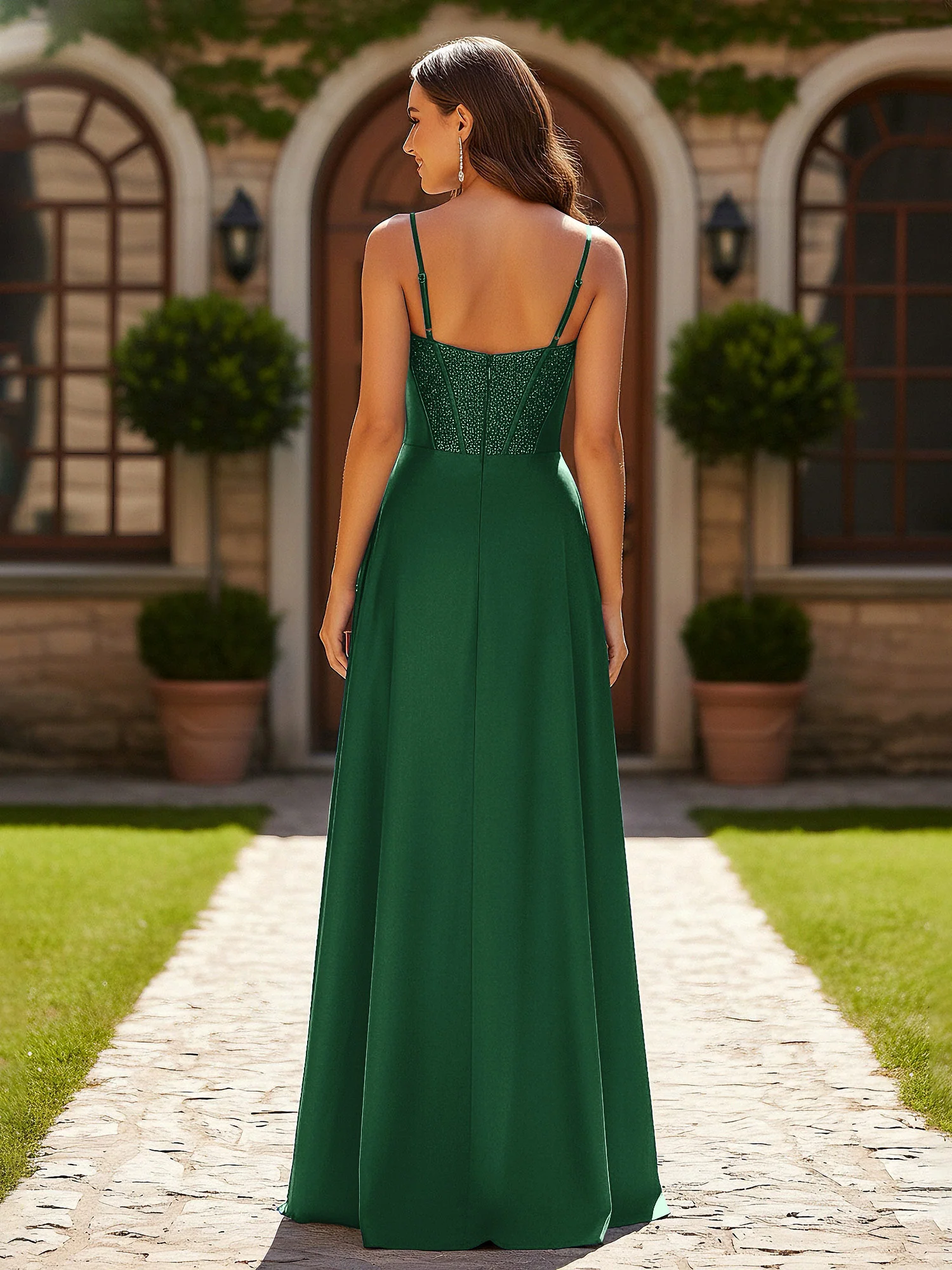 Beaded Corset Bodice Gown with High Leg Slit Dark Green - Image 2