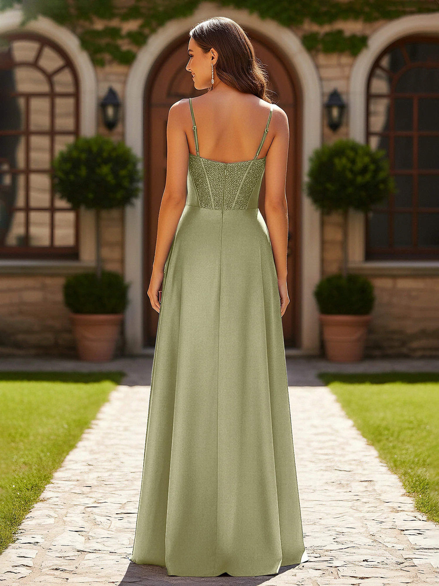 Beaded Corset Bodice Gown with High Leg Slit Dusty Sage - Image 2