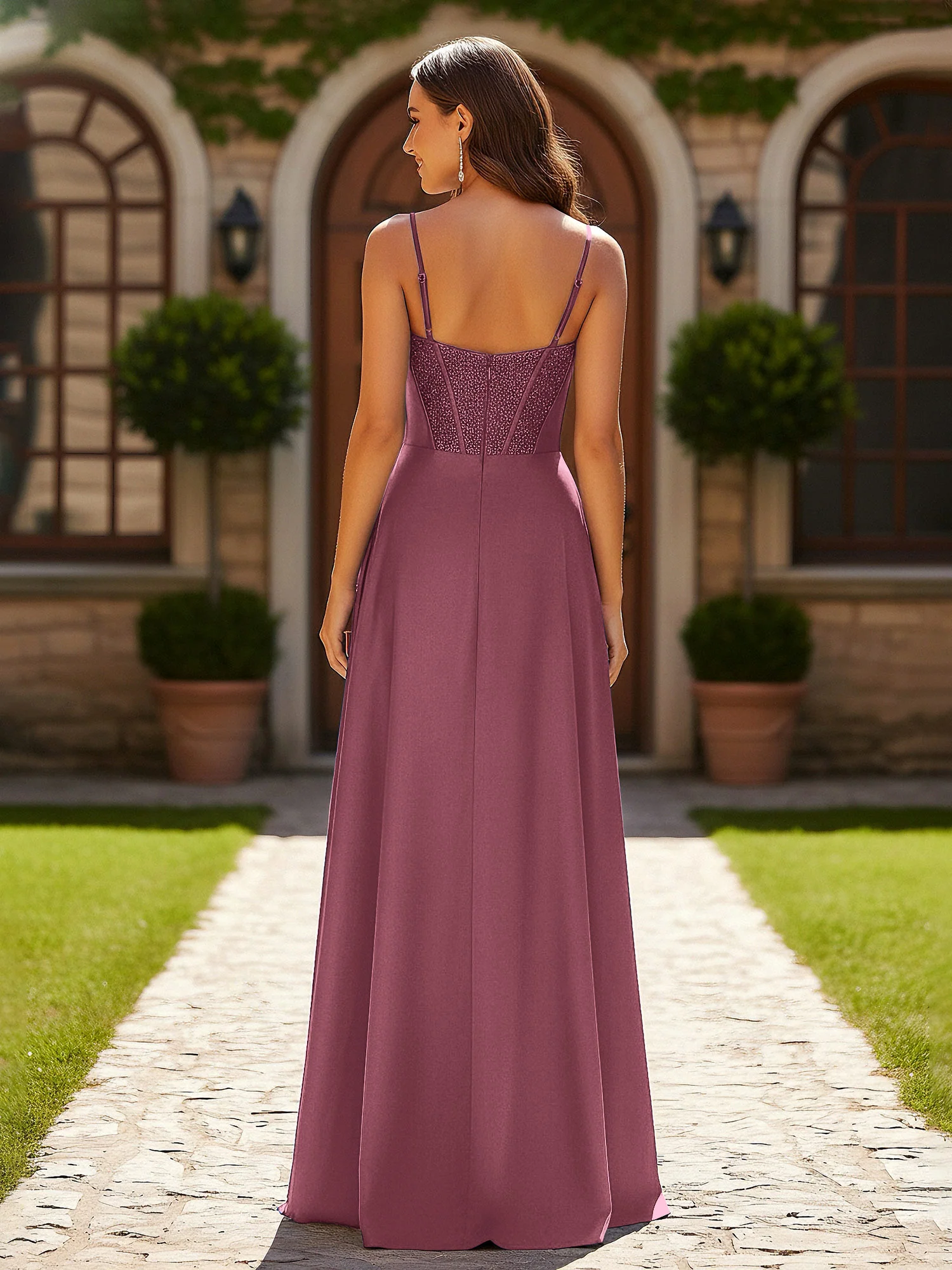 Beaded Corset Bodice Gown with High Leg Slit Mulberry - Image 2