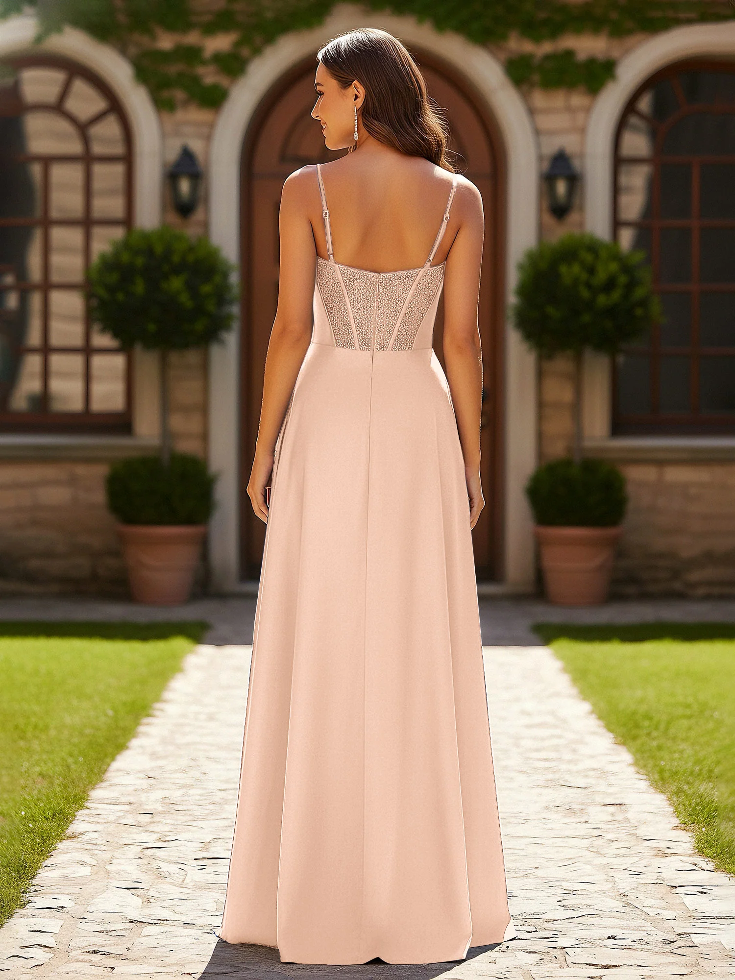 Beaded Corset Bodice Gown with High Leg Slit Peach - Image 2
