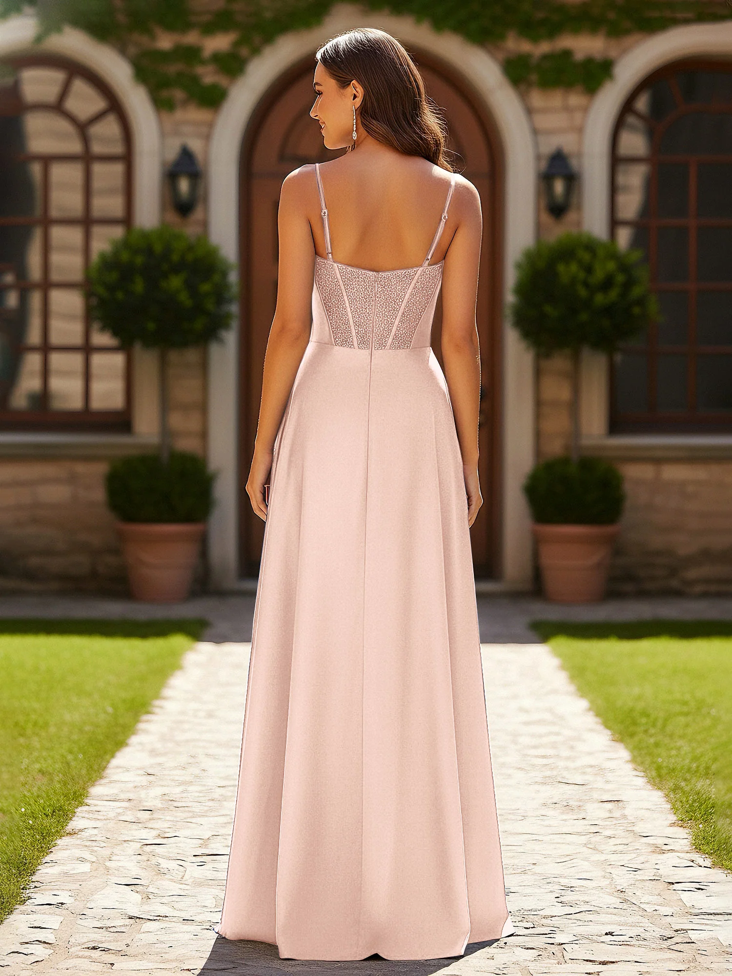Beaded Corset Bodice Gown with High Leg Slit Pearl Pink - Image 2