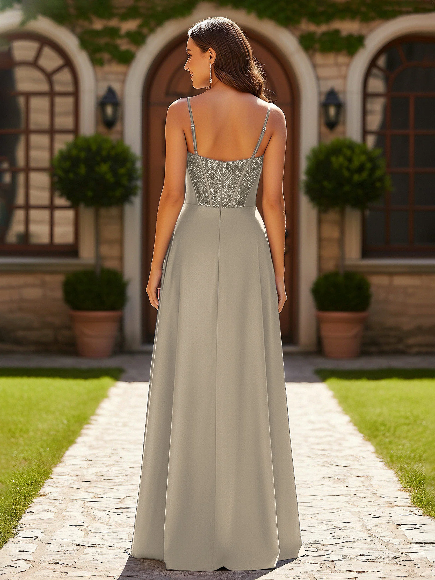 Beaded Corset Bodice Gown with High Leg Slit Taupe - Image 2
