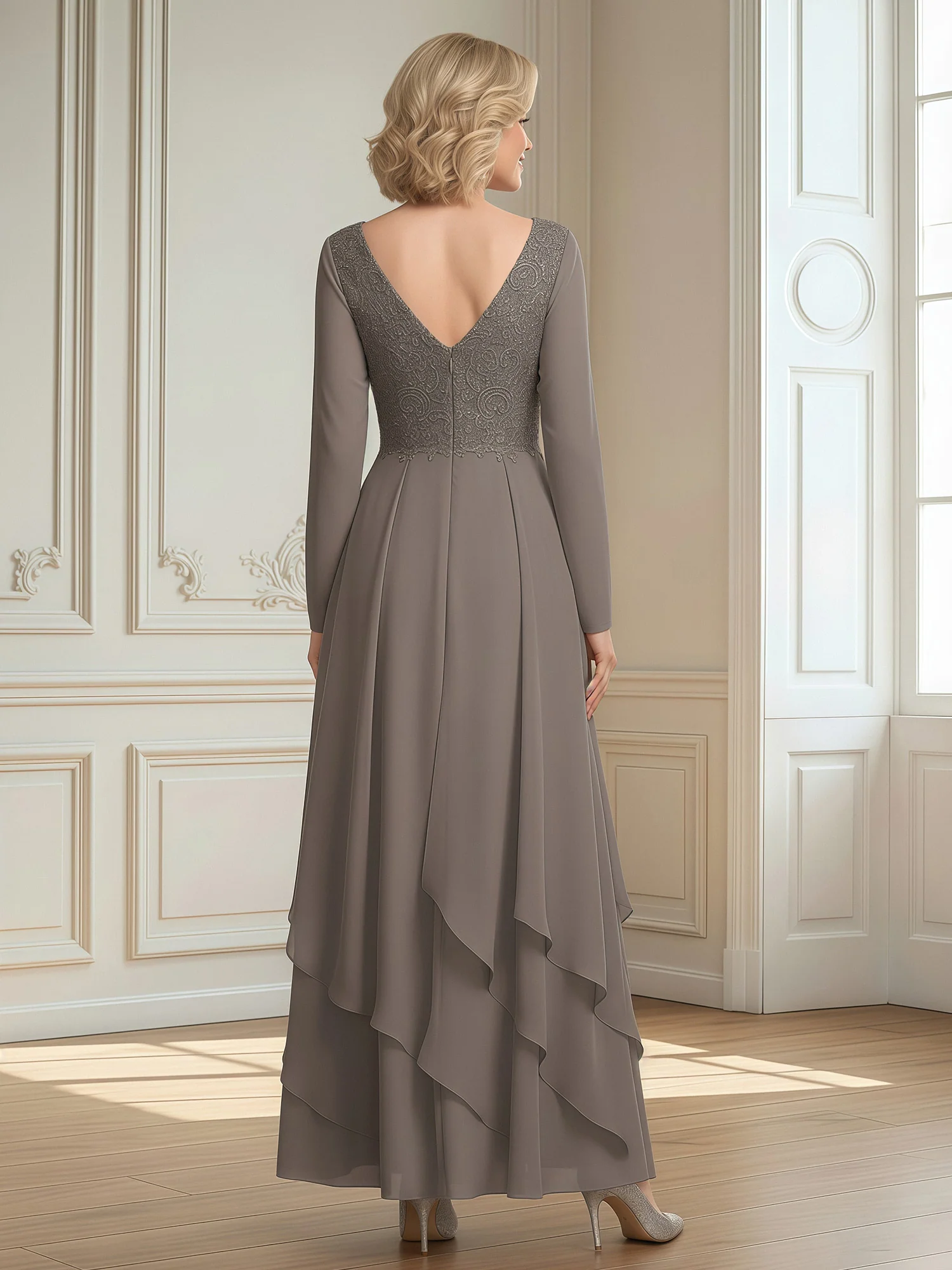 A-Line V-neck Lace Bodice Ruffles Chiffon Dress Taupe - Image 2