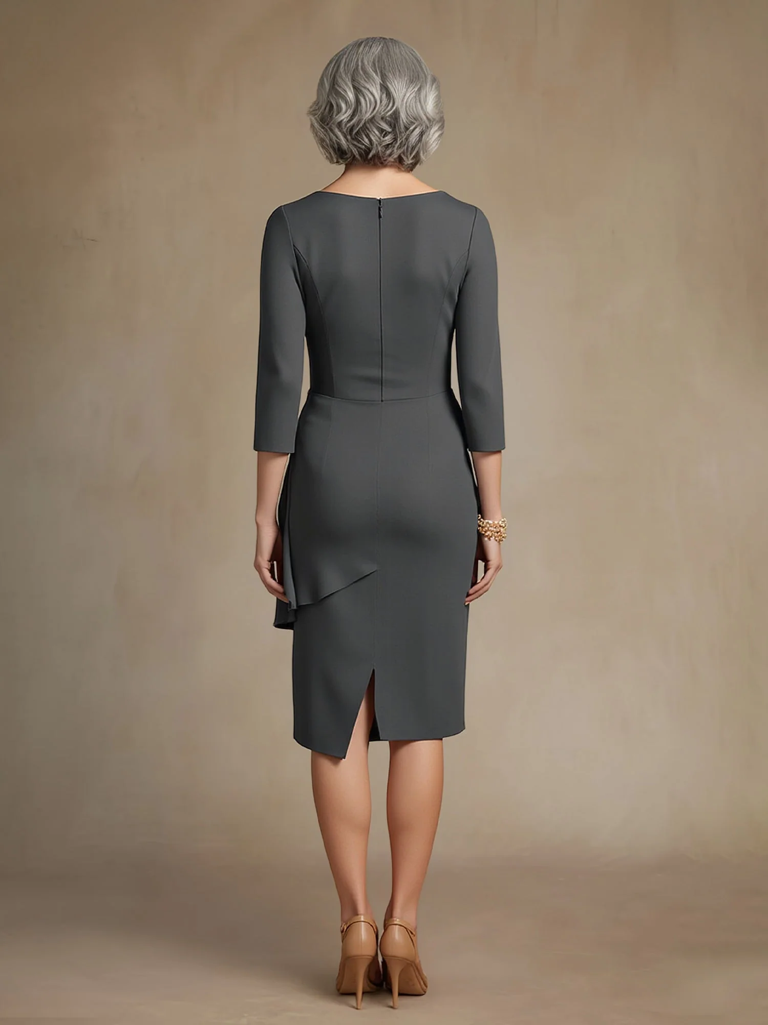 Scoop Neck 3/4 Sleeves Knee-length Dress Burgundy - Image 2