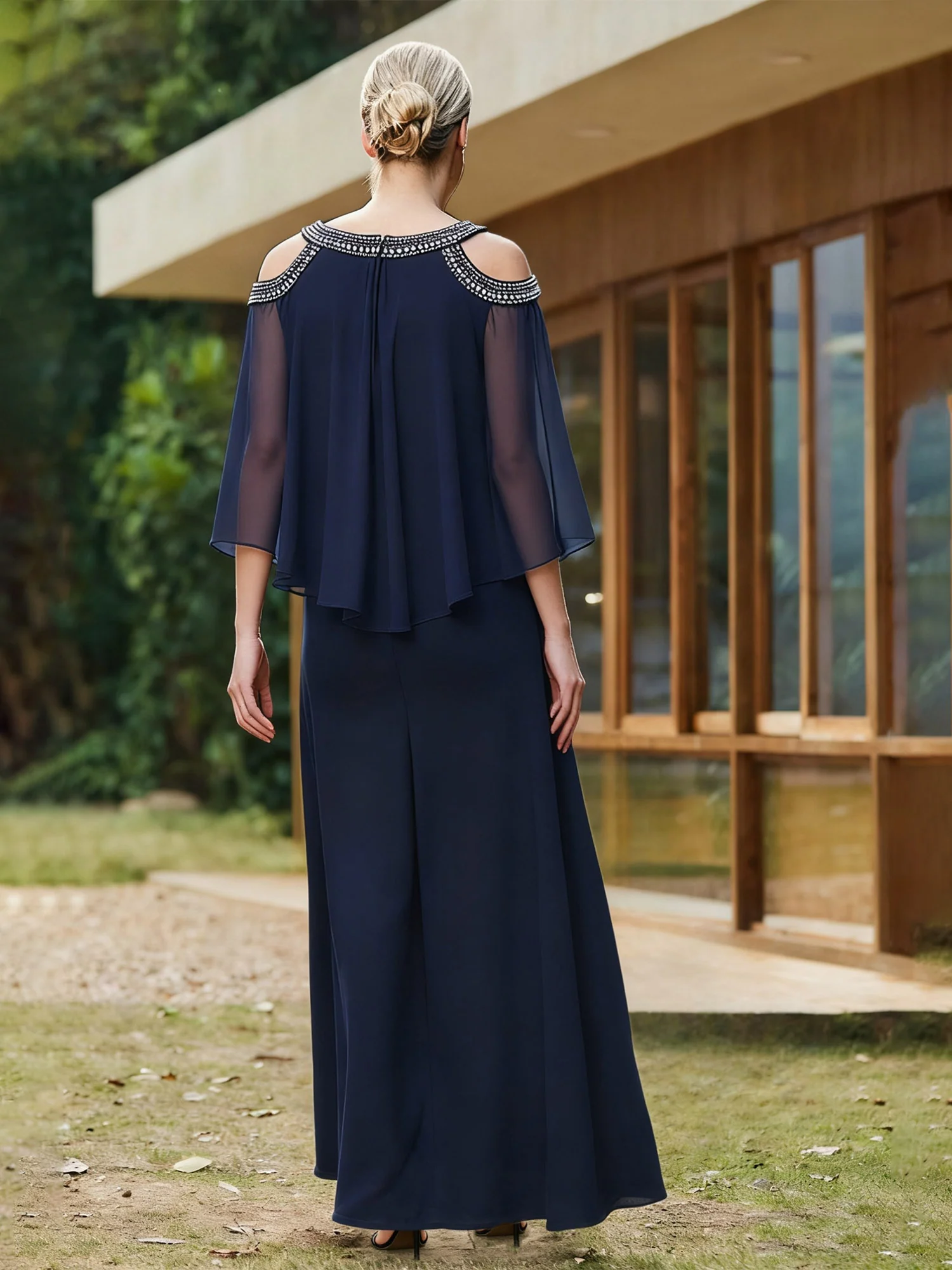 Jewel-Trimmed Neckline Cold Shoulder Overlay Maxi Dress Dark Navy - Image 2