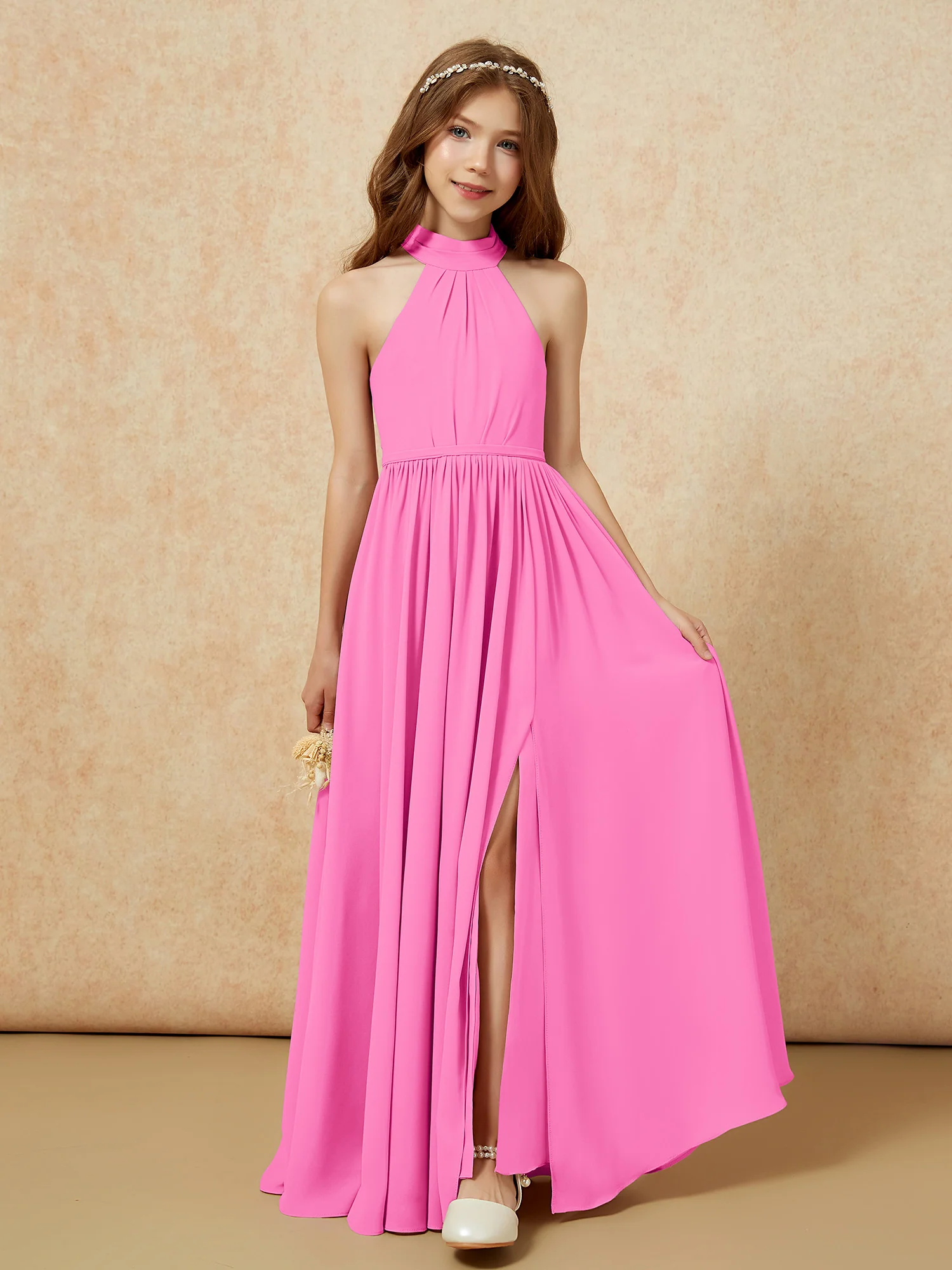 High Neck Long Junior Bridesmaid Dress With Slit Azalea