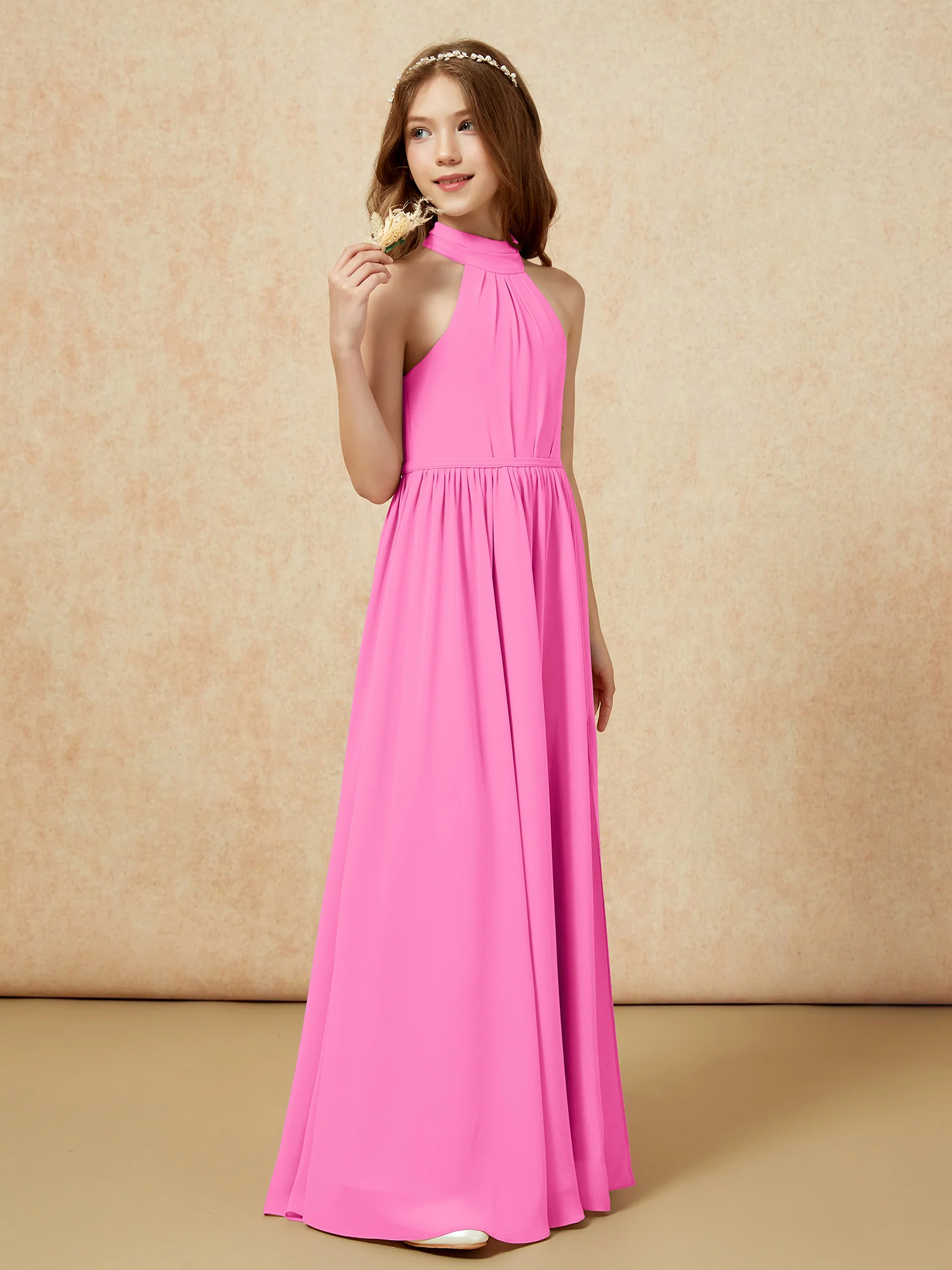 High Neck Long Junior Bridesmaid Dress With Slit Azalea - Image 10