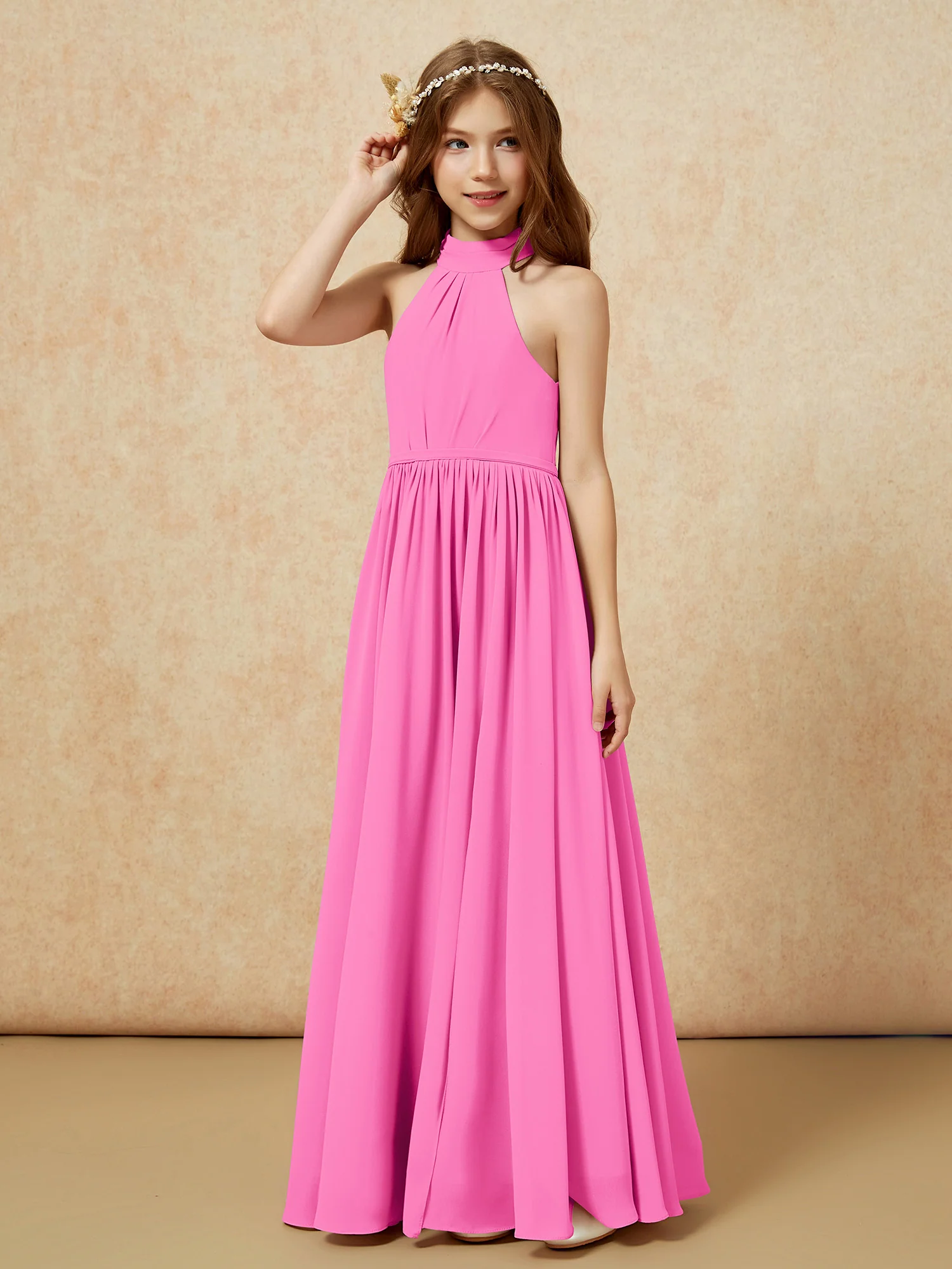 High Neck Long Junior Bridesmaid Dress With Slit Azalea - Image 11