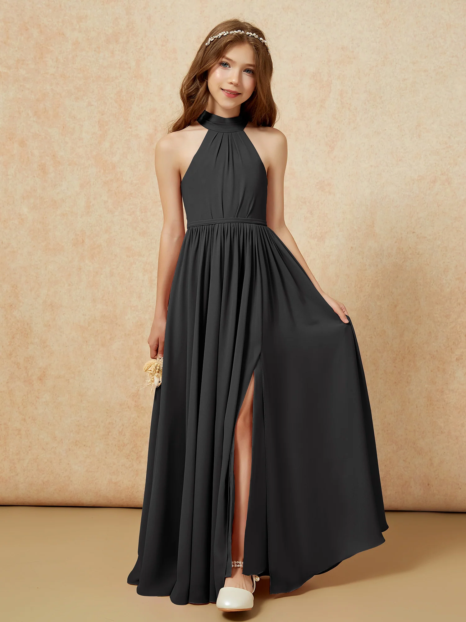 High Neck Long Junior Bridesmaid Dress With Slit Black