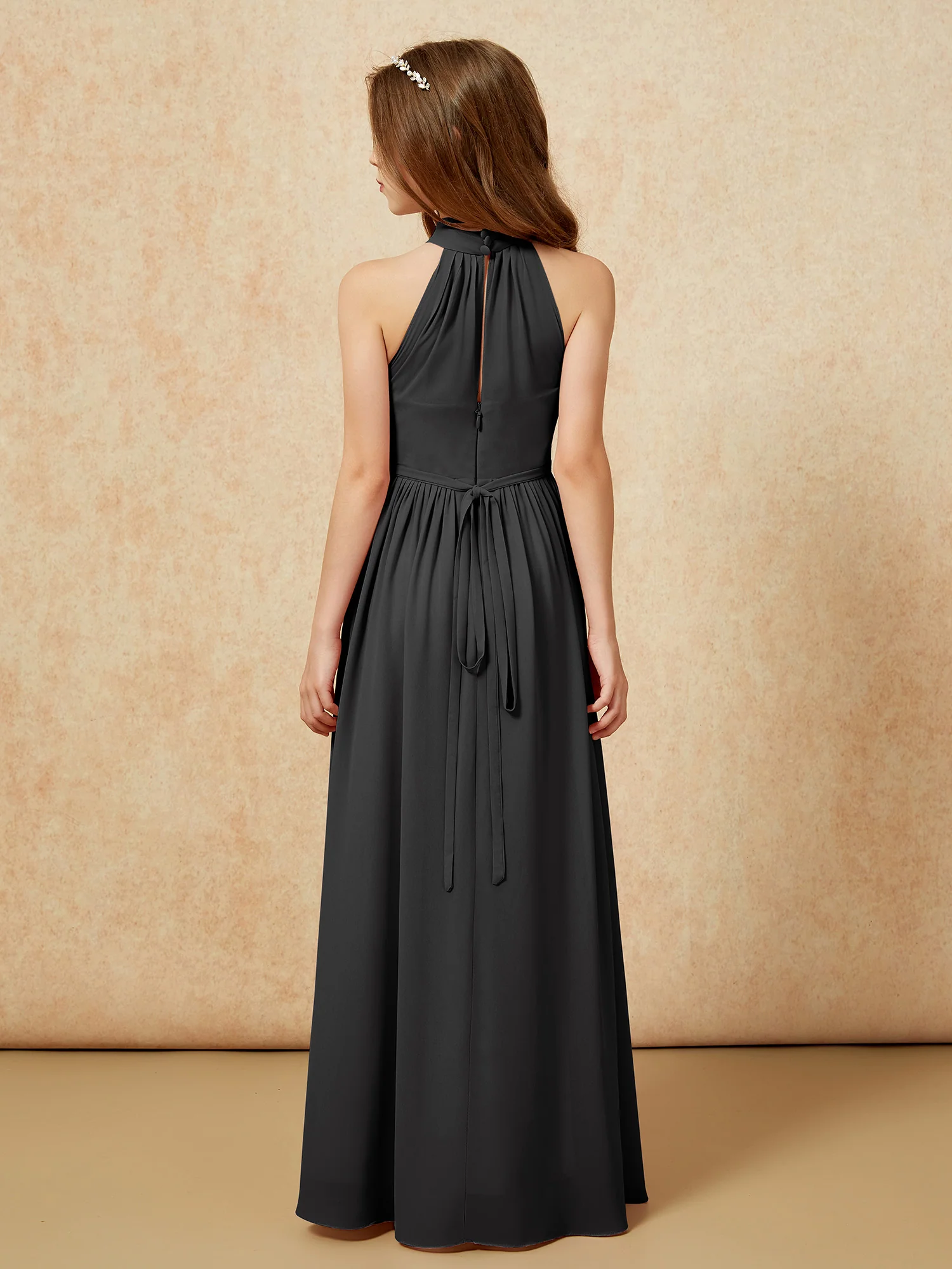 High Neck Long Junior Bridesmaid Dress With Slit Black - Image 2