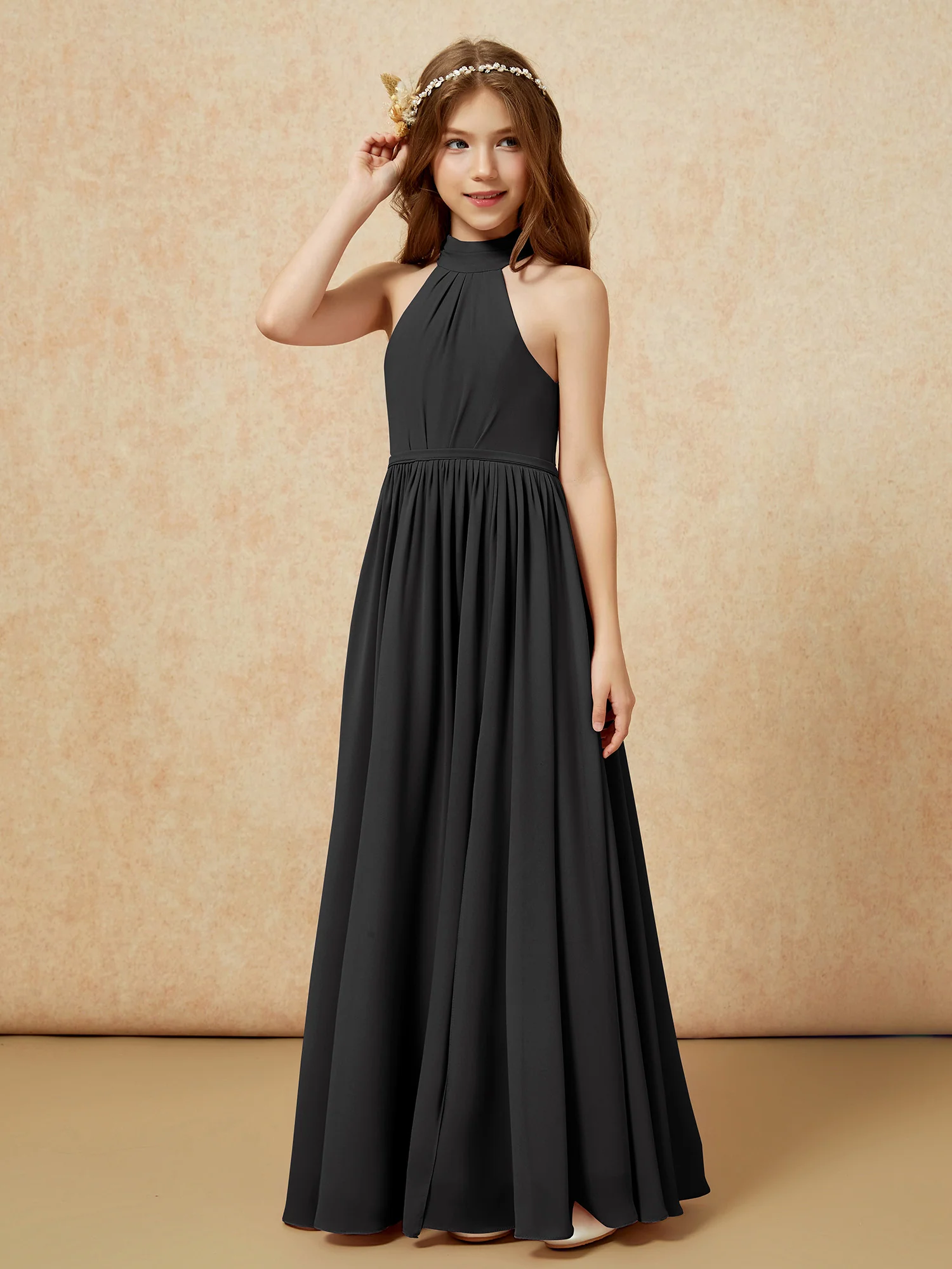 High Neck Long Junior Bridesmaid Dress With Slit Black - Image 6