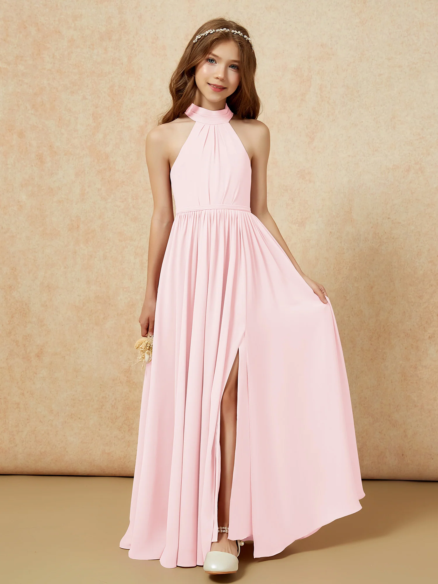 High Neck Long Junior Bridesmaid Dress With Slit Blushing Pink