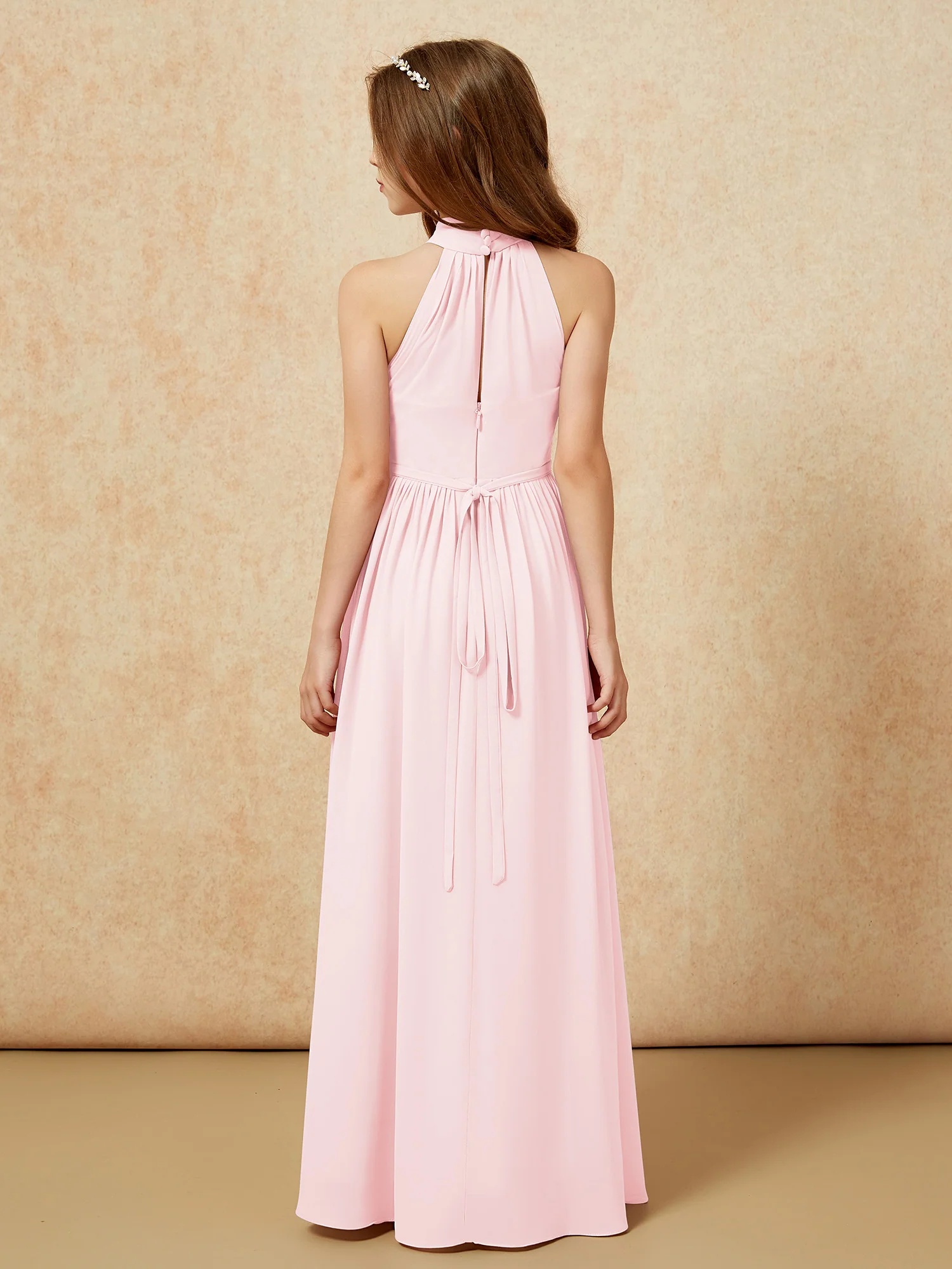 High Neck Long Junior Bridesmaid Dress With Slit Blushing Pink - Image 2
