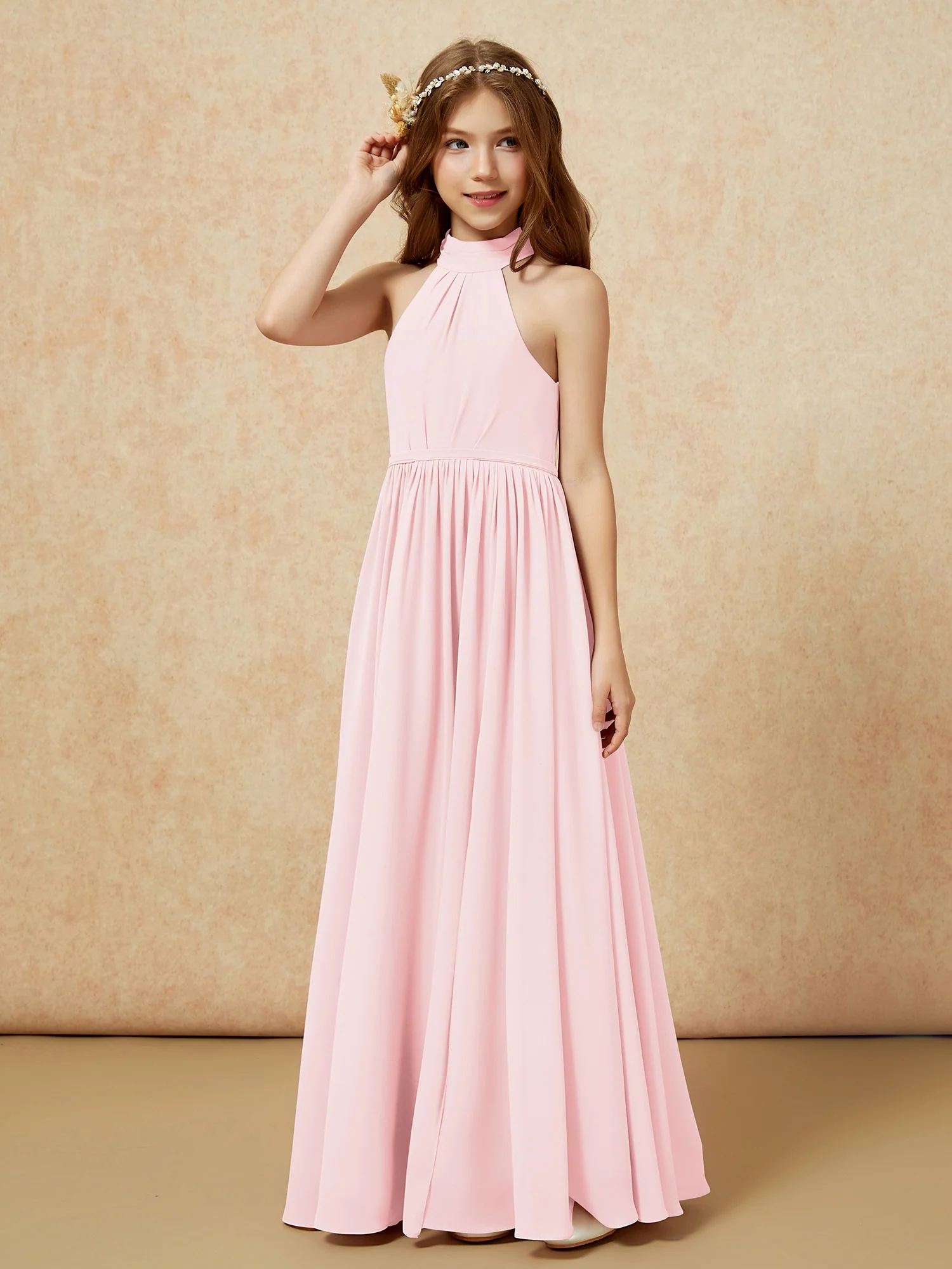 High Neck Long Junior Bridesmaid Dress With Slit Blushing Pink - Image 6