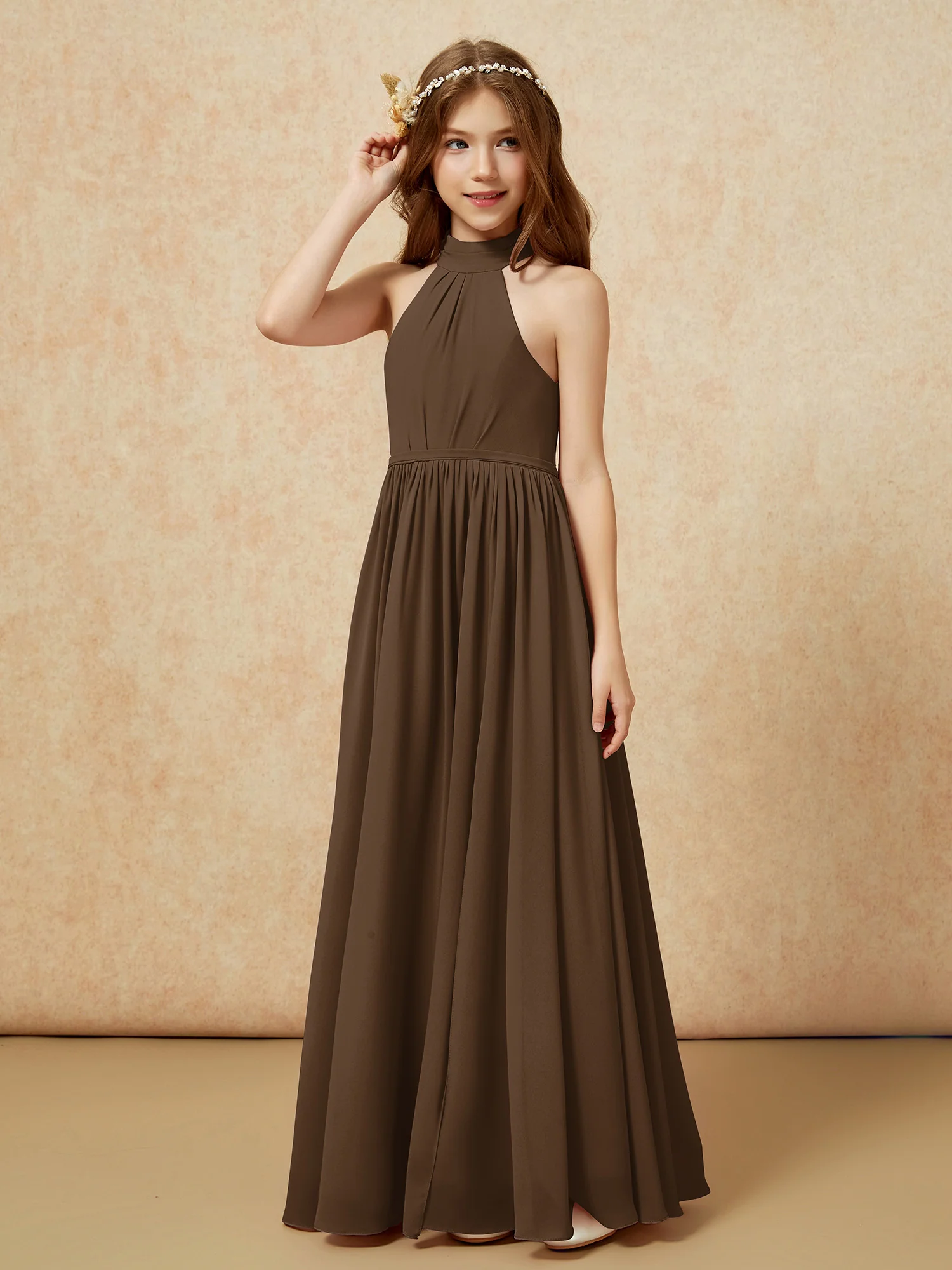 High Neck Long Junior Bridesmaid Dress With Slit Brown - Image 6