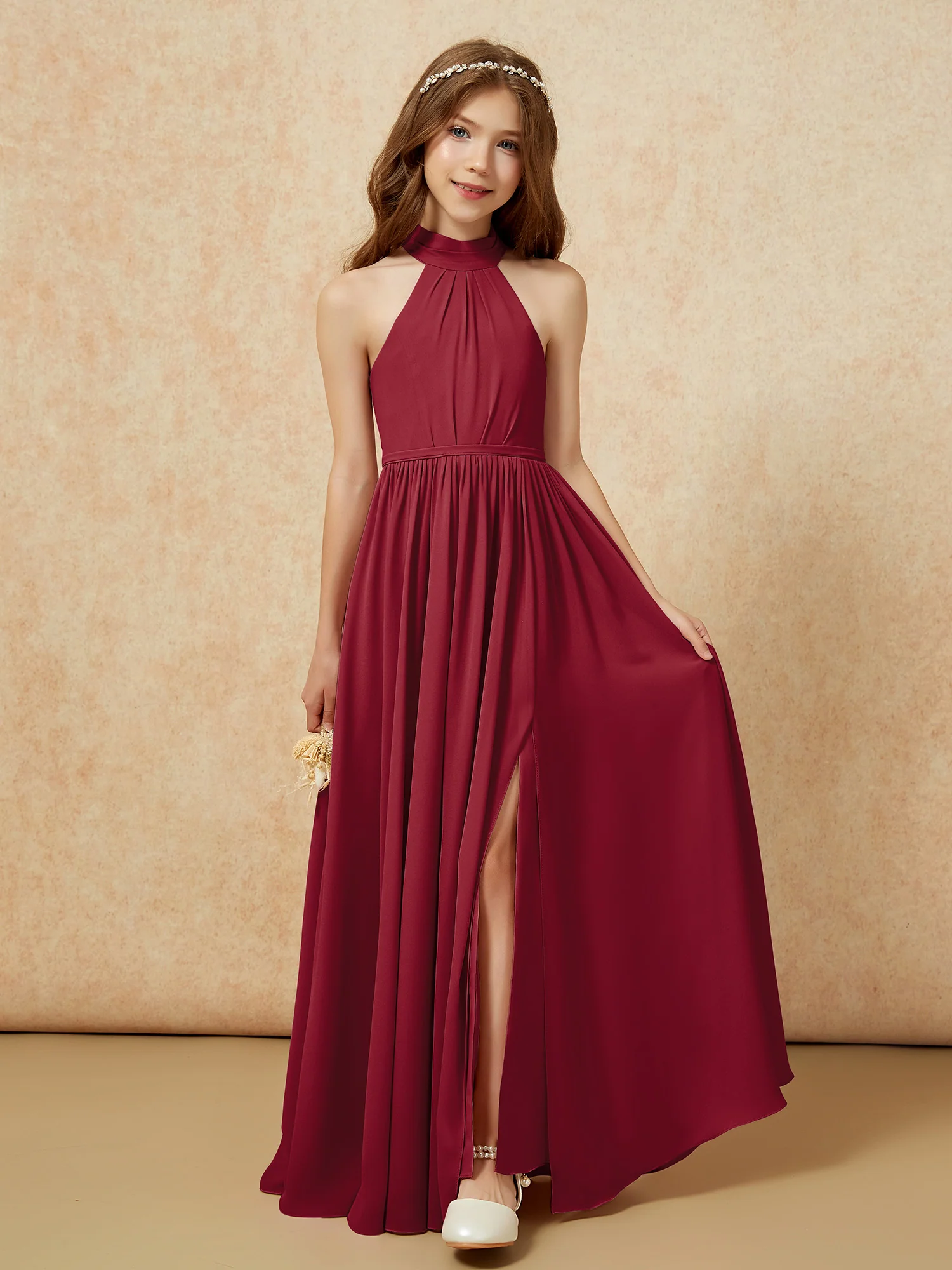 High Neck Long Junior Bridesmaid Dress With Slit Burgundy