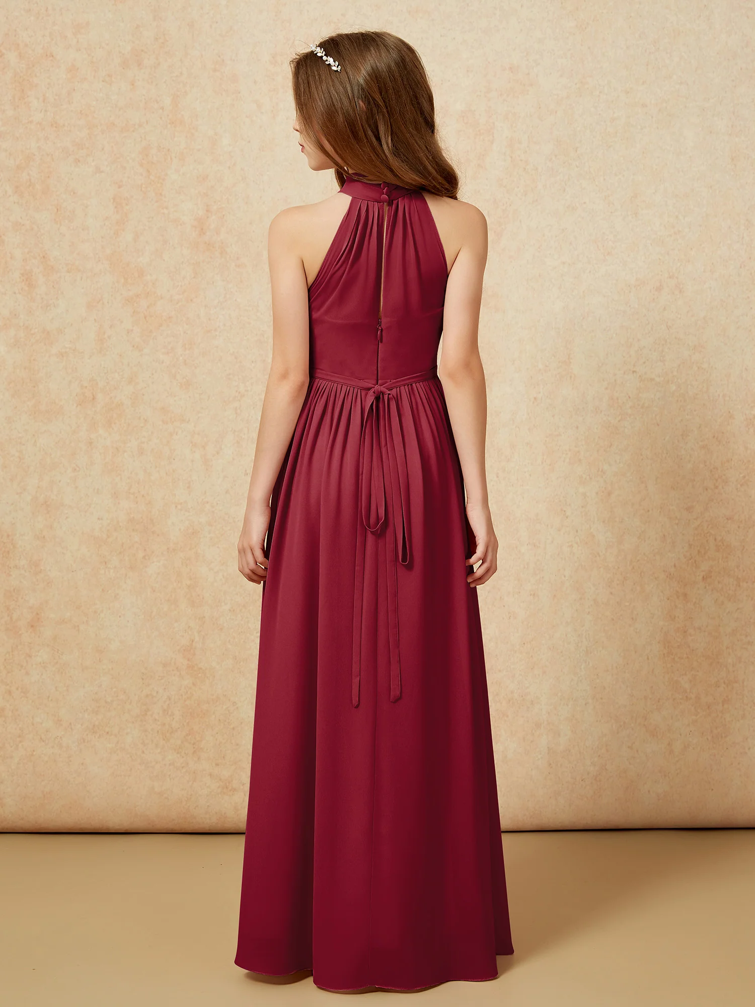High Neck Long Junior Bridesmaid Dress With Slit Burgundy - Image 2