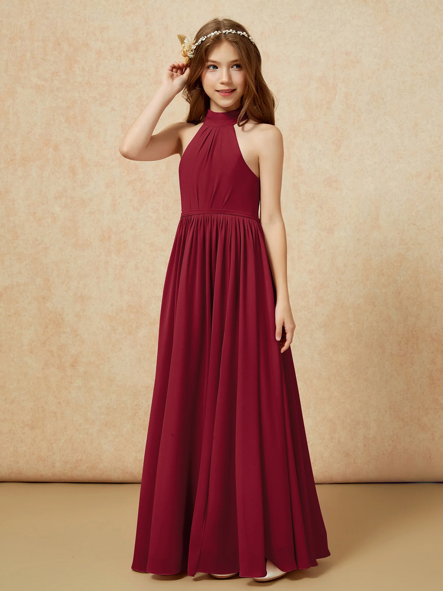High Neck Long Junior Bridesmaid Dress With Slit Burgundy - Image 6
