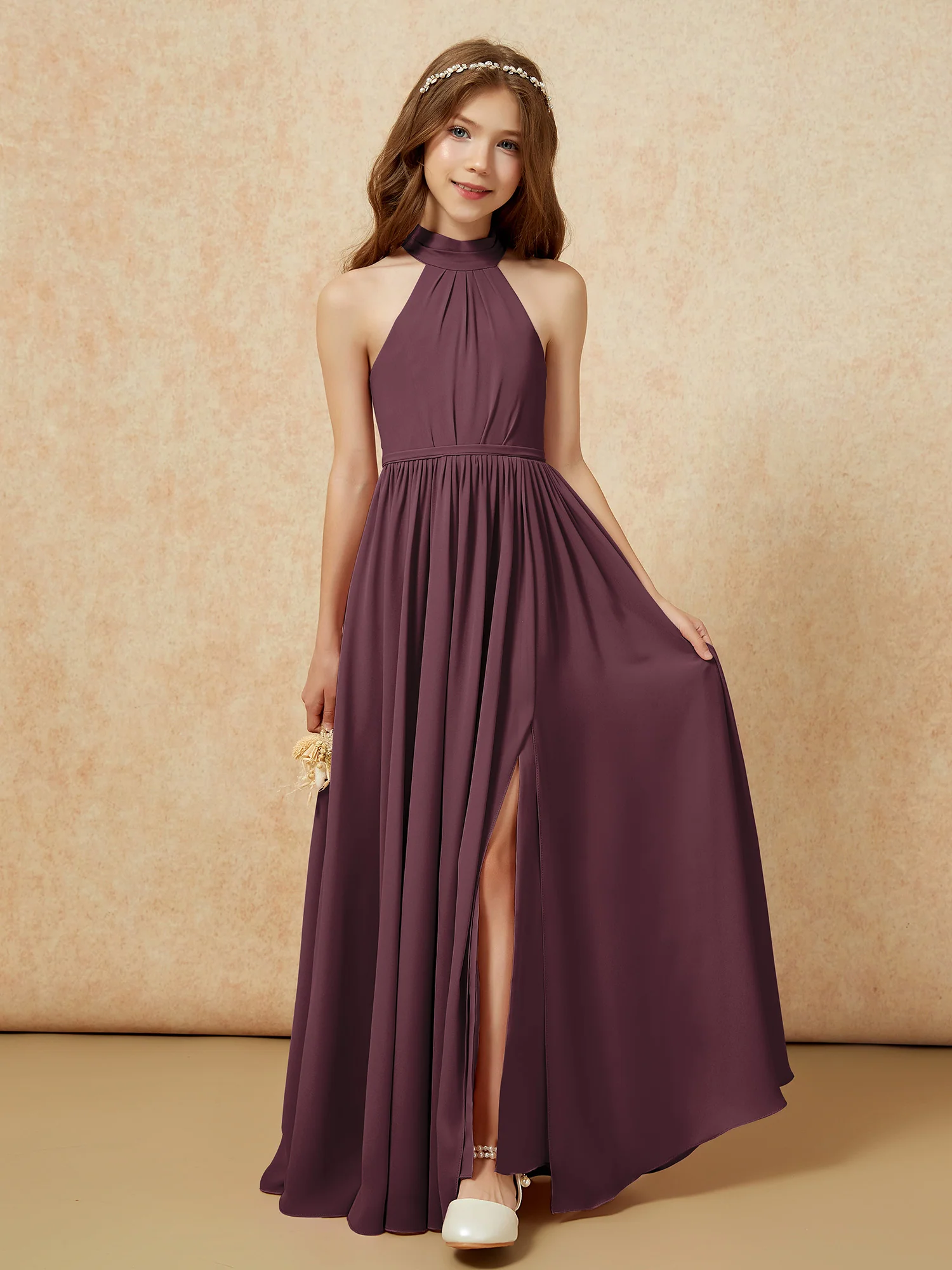 High Neck Long Junior Bridesmaid Dress With Slit Cabernet