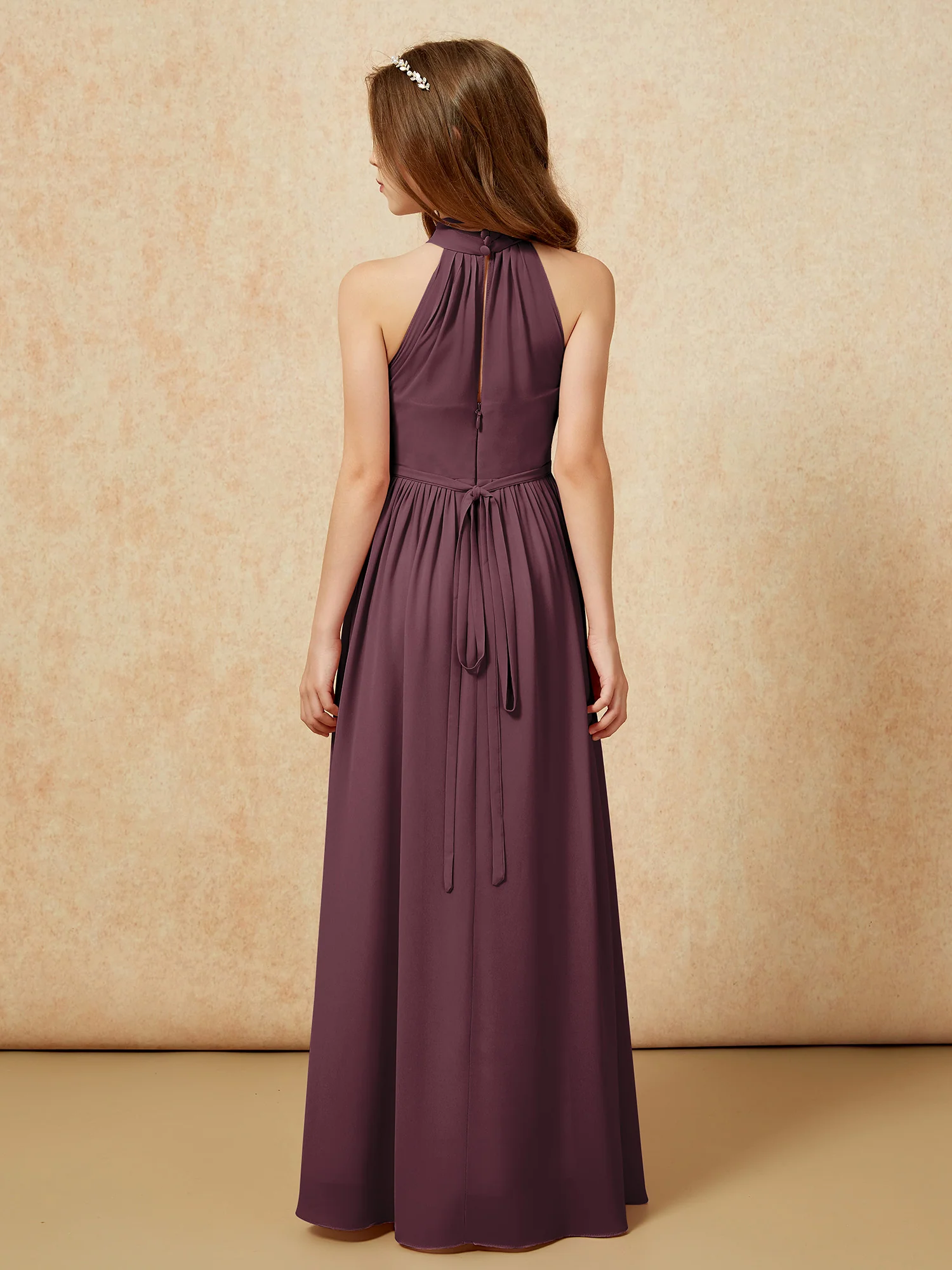High Neck Long Junior Bridesmaid Dress With Slit Cabernet - Image 2